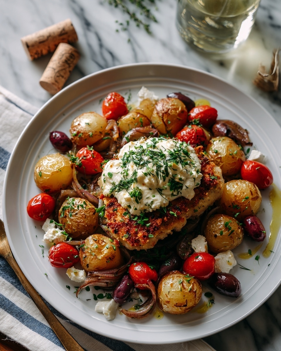 The dish shows a large white plate with a center layer of golden-brown crispy chicken topped with a dollop of creamy white sauce, garnished with green herb sprigs and a drizzle of olive oil. Surrounding the chicken are golden roasted baby potatoes with a slightly shiny texture, bright red cherry tomatoes, browned sliced onions, and small chunks of white feta cheese, along with dark olives scattered around. The plate sits on a white marbled surface next to a clear glass bottle and a cork, with a cream and blue striped cloth partially visible in the corner. photo taken with an iphone --ar 4:5 --v 7