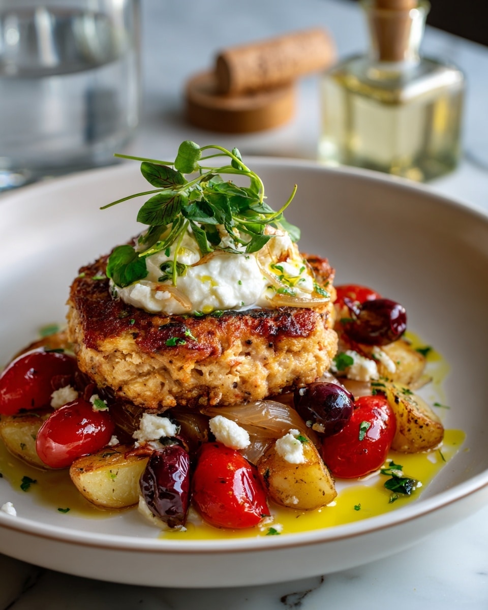 A white plate filled with roasted golden potatoes and roasted onion pieces, scattered red cherry tomatoes and black olives, with crumbled white cheese sprinkled around. In the center sits a round, seasoned golden-brown cooked chicken piece topped with a dollop of creamy white sauce garnished with small green herb bits and a light drizzle of oil. The plate is set on a white marbled surface next to a clear glass bottle and a cork. Part of a blue and white striped cloth is seen at the bottom left corner. photo taken with an iphone --ar 4:5 --v 7