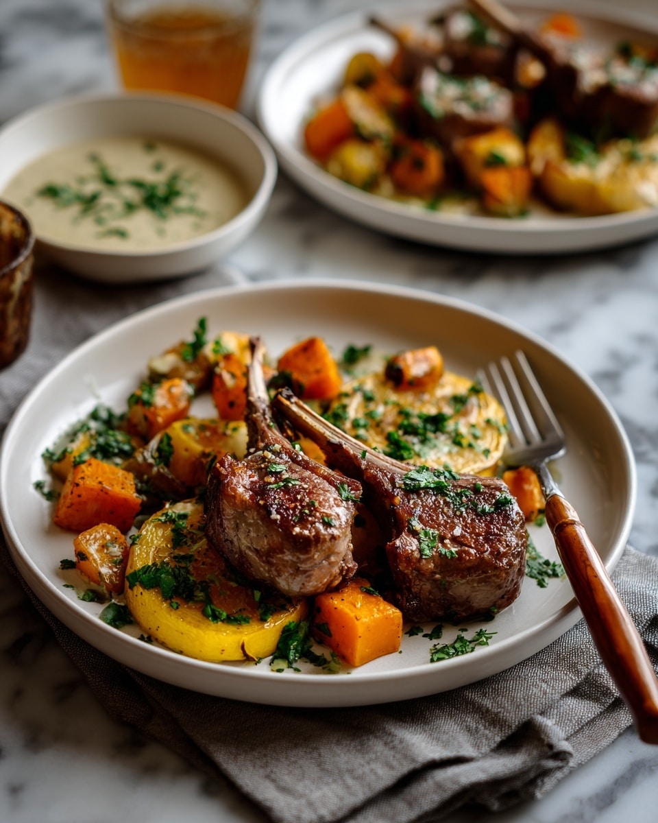 A round white plate sits on a light blue cloth on a white marbled surface. On the plate, there are two grilled brown meat pieces placed over a base of golden roasted squash slices. Surrounding the meat and squash are chunky orange roasted sweet potatoes and carrots, with small bits of green herbs sprinkled on top. A wooden-handled fork rests on the plate, its prongs touching a piece of sweet potato. Nearby, there is a white bowl filled with a light beige creamy sauce garnished with finely chopped green herbs, and two glasses filled with a light amber liquid. The whole scene is softly lit, showing the textures and colors clearly photo taken with an iphone --ar 4:5 --v 7