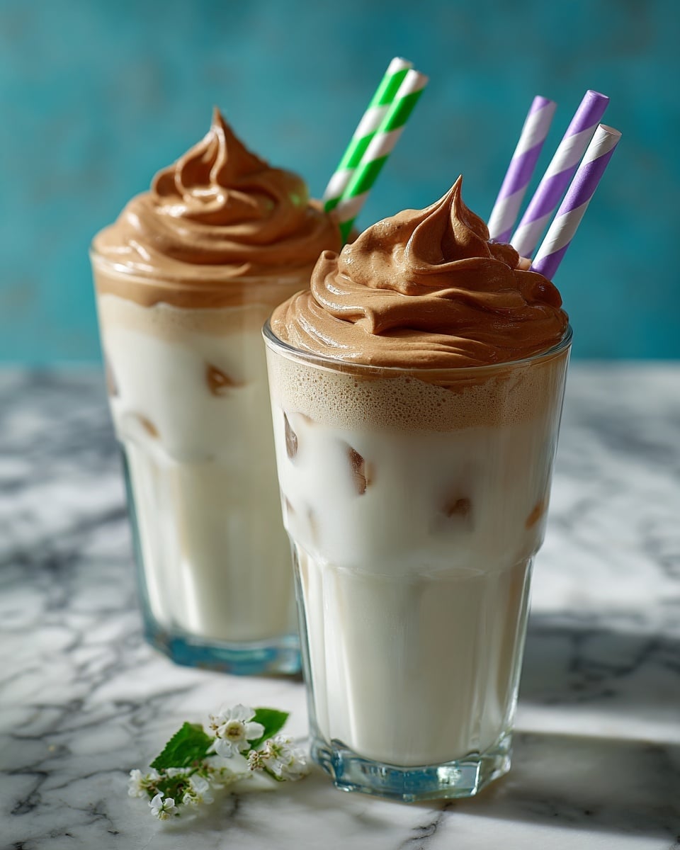 Two tall clear glasses filled with a creamy white milk layer at the bottom with a few light brown swirls mixed in. On top of each glass, there is a thick, fluffy mound of light brown chocolate whipped cream with a smooth, soft texture and gentle peaks. Each glass has a colorful striped paper straw, one green and white, the other purple and white. The glasses sit on a white marbled surface with a light blue background. photo taken with an iphone --ar 4:5 --v 7