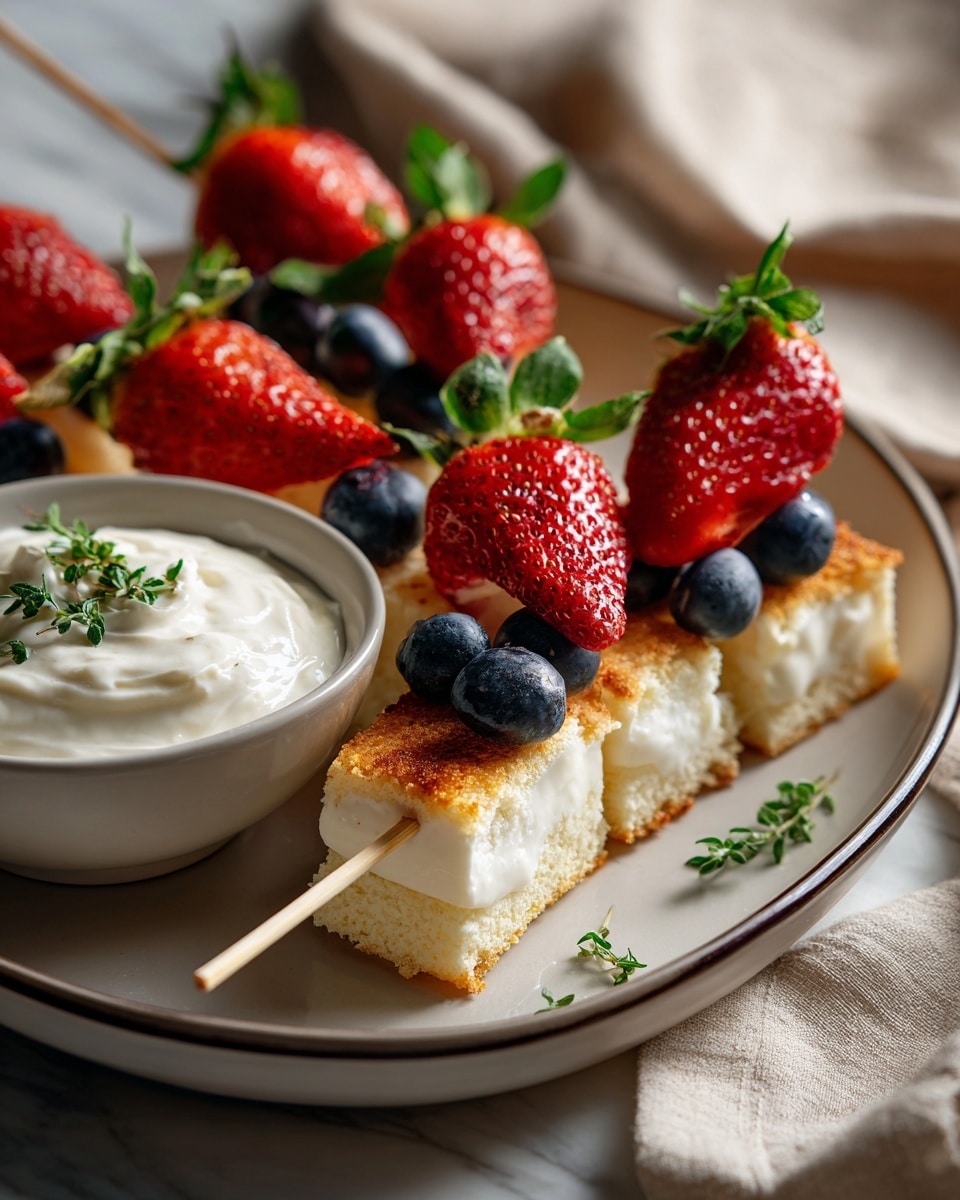 The image shows an oval white plate with a thin black line around the edge, placed on a white marbled surface with a beige cloth underneath. On the plate are six skewers, each made of three layers: three dark blue blueberries on top, followed by a bright red strawberry in the middle, and a piece of white cake with a soft texture at the bottom. At the top left of the plate, there is a small white bowl filled with smooth white cream. The colors contrast well, with the dark blue, red, and white layers standing out clearly against the white plate and background. photo taken with an iphone --ar 4:5 --v 7