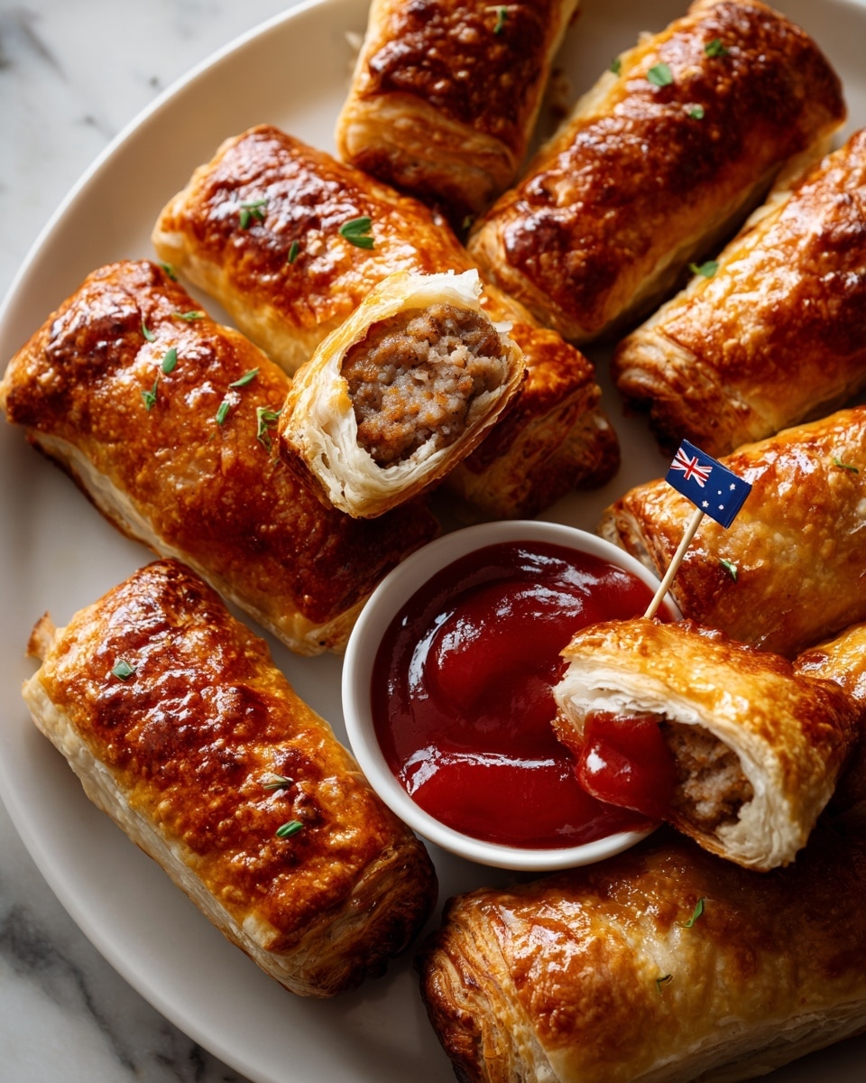 A single golden-brown sausage roll lies on a white marbled surface with a small dollop of bright red sauce underneath it, showing its crispy, shiny, flaky pastry texture on the outside and a dense, slightly crumbly cooked meat filling inside. Around it, additional sausage rolls are blurred out, adding depth to the scene. A small clear glass jar with more red sauce is placed to the right, with some sauce visible inside. The setup gives a warm, fresh-baked feeling with the focus on the main sausage roll in front. photo taken with an iphone --ar 4:5 --v 7
