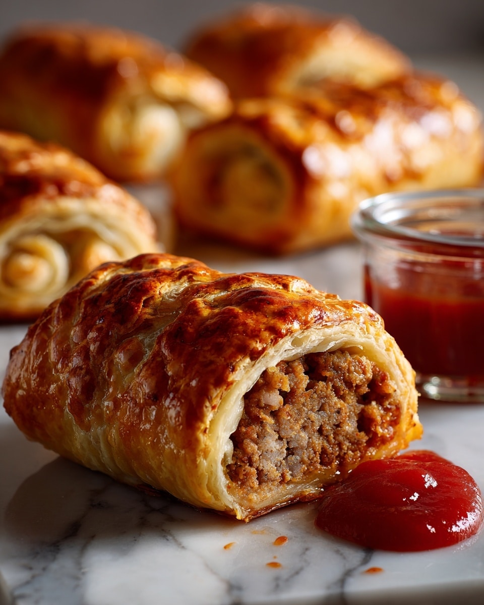 A white plate holds about twelve small golden brown sausage rolls with a flaky, shiny crust. One sausage roll is being dipped into a small white bowl filled with bright red sauce, showing the inside of the roll with a slightly crumbly texture. Under the rolls, there is a small Australian flag toothpick. The white plate sits on a white marbled surface, adding simple elegance to the scene. Photo taken with an iphone --ar 4:5 --v 7