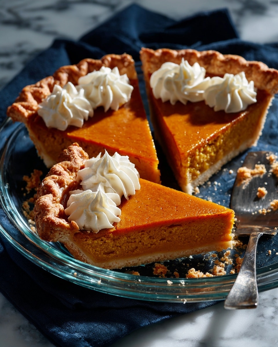A round pumpkin pie with a golden brown, crimped crust holds two slices cut out from the whole pie placed on a clear glass pie dish. The pie filling is smooth and vibrant orange with a slight crack near the edge, showing a soft texture. Each of the two slices is topped with a swirl of white whipped cream. A metal pie server rests under one slice, and crumbs from the crust are scattered around on the clear pie dish. The dish sits on a dark blue cloth, all on a white marbled texture. photo taken with an iphone --ar 4:5 --v 7