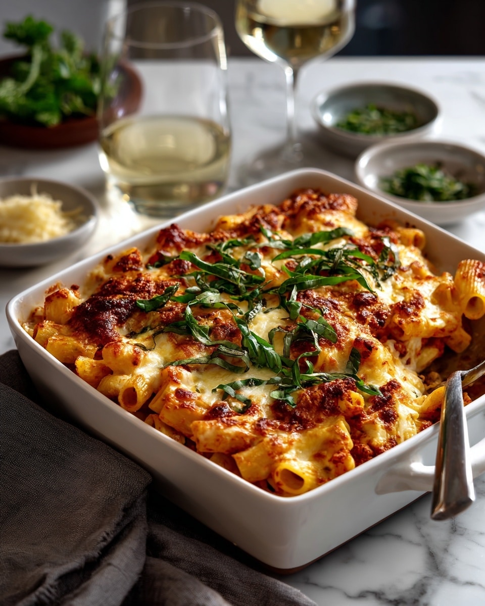 A white square baking dish filled with baked pasta layered with red tomato sauce and melted light golden cheese, topped with fresh bright green basil and parsley leaves scattered across it. The pasta shows a few tube shapes peeking through the sauce and cheese. A silver spoon rests inside the dish on the right side. The dish sits on a white marbled surface with a gray cloth napkin folded nearby, and blurred glassware in the background. photo taken with an iphone --ar 4:5 --v 7