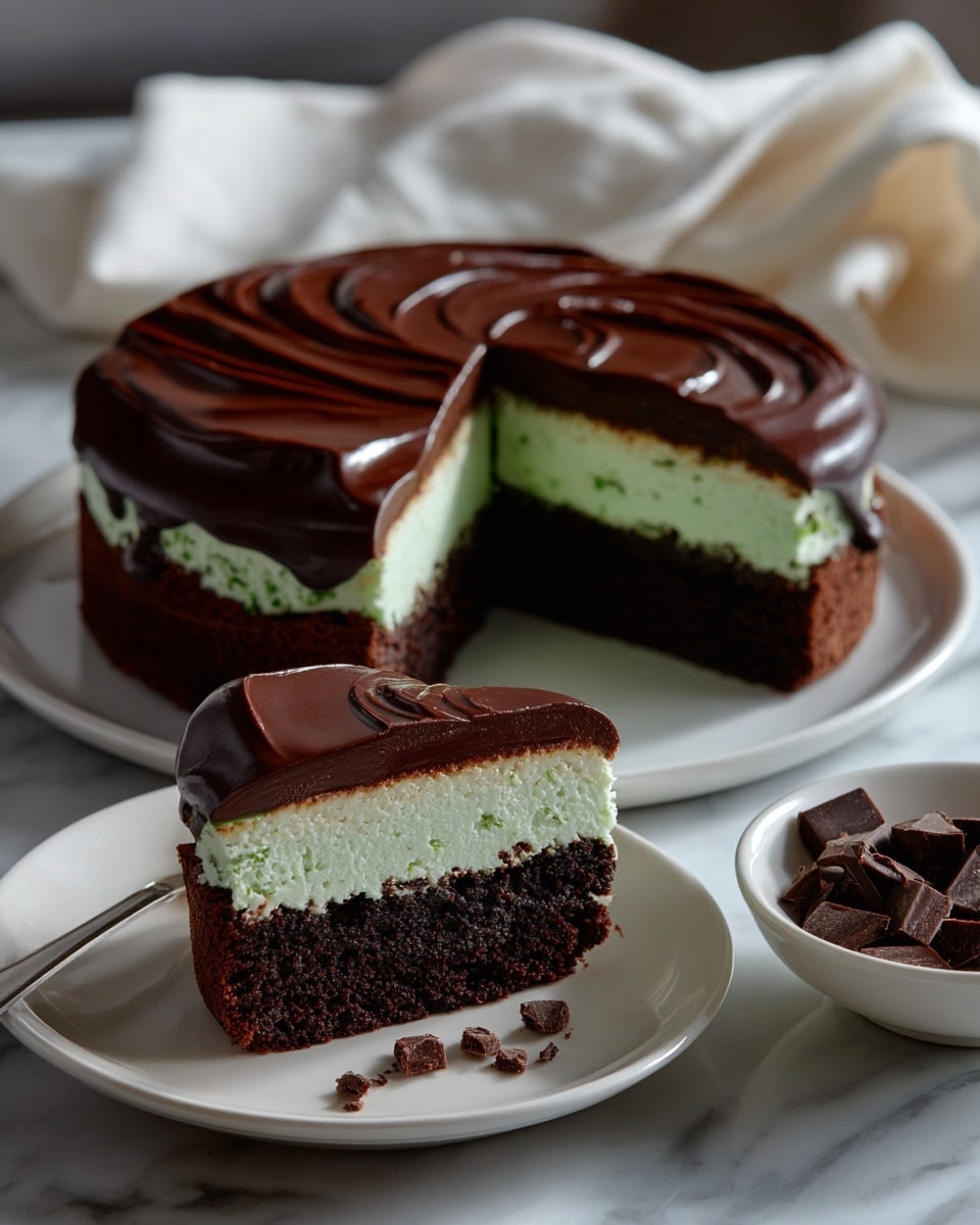 A round cake is shown on a white plate set on a white marbled surface. The cake has three layers: the bottom layer is dark and dense like chocolate cookie crumb, the middle layer is thick, pale green and smooth like mint cream with a dark chocolate ripple, and the top layer is a thick, glossy, dark chocolate ganache spread with swirled texture across the surface. A fully cut slice reveals all three layers clearly, with the slice placed next to the cake, showing the thickness of each layer. To the right side of the plate is a small white bowl with dark chocolate pieces inside. The scene is softly lit, and a white cloth is partially visible in the background. Photo taken with an iphone --ar 4:5 --v 7