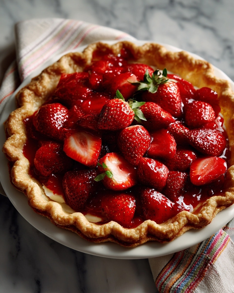 A round pie with a golden-brown crust that has a detailed braided edge, filled with bright red strawberry slices covered in a glossy, shiny red glaze. The strawberries are spread evenly on top, showing both cut and whole slices. The pie sits on a white plate, placed on a surface with a white marbled texture. A folded, colorful striped cloth is nearby, adding a soft touch to the scene. Photo taken with an iphone --ar 4:5 --v 7