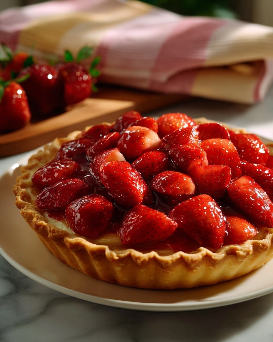 The image shows a strawberry pie on a white plate, placed on a white marbled surface. The pie has three clear layers: a golden-brown braided crust forming the edge, a shiny red glaze covering the filling, and underneath the glaze, large pieces of bright red strawberries are arranged to fully cover the pie's surface. The braided crust is thick and even, while the strawberries inside the glaze look fresh and juicy. Photo taken with an iphone --ar 4:5 --v 7