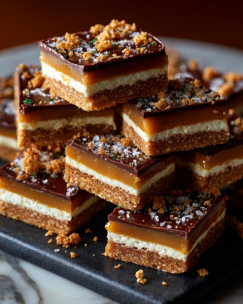The image shows a stack of layered dessert bars on a dark slate board with a white marbled surface behind. Each bar has four layers: the bottom layer is a light brown crumbly biscuit base, followed by a thick, smooth caramel layer in a rich golden brown. Above the caramel is a white creamy layer with a soft texture, and the top layer is a glossy dark chocolate sheet sprinkled with crushed biscuit pieces and flaky salt. The bars are rectangular, neatly cut, and some pieces are stacked on top of each other, showing the cross-section of the layers clearly. Photo taken with an iphone --ar 4:5 --v 7
