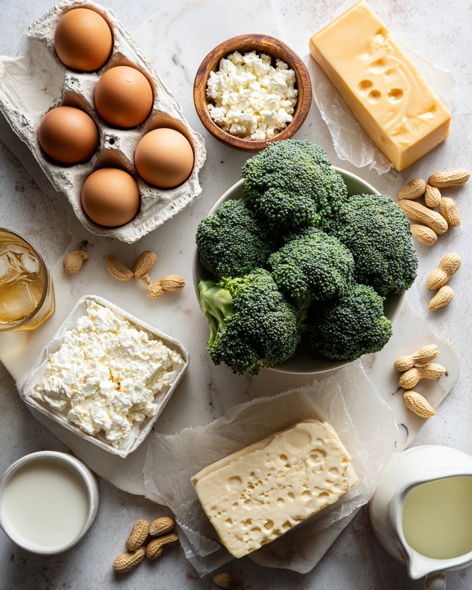 This image shows a top view of various fresh ingredients arranged on a white marbled surface. In the center, there is a bowl filled with dark green broccoli heads, their textured florets visible. To the top left, a carton holding four brown eggs sits next to a small wooden bowl full of white crumbled cheese. Nearby, a glass with a golden liquid and ice is placed next to a small white cup of milk. Towards the lower left, there is a wrapped block of pale yellow cheese with an open container of white cottage cheese beside it. Scattered near the top right, there are some unshelled peanuts. In the lower right corner, a white ceramic pitcher holds a light yellow liquid. The whole scene is softly lit, capturing natural colors and textures. Photo taken with an iphone --ar 4:5 --v 7