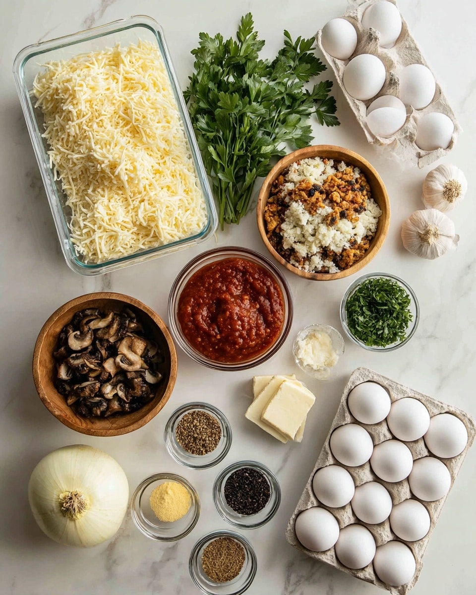 The image shows an organized layout of cooking ingredients on a white marbled surface. In the center, there are two clear rectangular containers, one filled with shredded cheese and the other with a thick red sauce. Surrounding these are smaller bowls: one with fresh green herbs, one with chopped cooked meat and rice mix, one with dried mushrooms, and a wooden bowl holding fresh parsley. To the right, there is a white egg carton with twelve eggs stacked neatly. Around the eggs are small glass containers holding different spices and seeds. On the lower left, there is a whole onion, and nearby in small glass dishes are white cheese, creamy butter, and capers. A garlic bulb is also displayed with some loose papery skin nearby. All items are arranged neatly, showing a mix of textures and natural colors on the bright surface. photo taken with an iphone --ar 4:5 --v 7