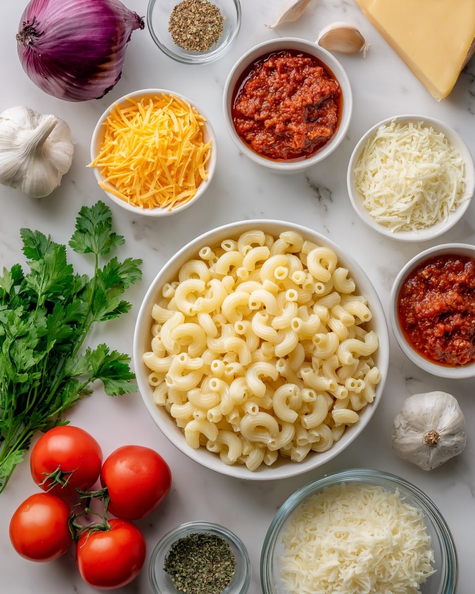 The image shows ingredients for a pasta dish arranged neatly on a white marbled surface. In the center is a bowl filled with elbow macaroni, pale yellow and smooth. Surrounding it are several small white bowls, each with different ingredients: bright shredded cheddar cheese, white shredded cheese, halved cherry tomatoes, a chunky red sauce or paste, and a clear bowl with grated parmesan. There are three whole red tomatoes near the bottom, fresh green parsley with textured leaves on the left, two heads of garlic and two whole purple onions with one partially sliced at the top left. There is also a small glass bowl with mixed dry spices and another small bowl with a green dried herb. A wedge of pale yellow cheese is placed near the top right. The colors are vibrant, with reds, greens, yellows, and whites standing out against the clean white marbled background. Photo taken with an iphone --ar 4:5 --v 7