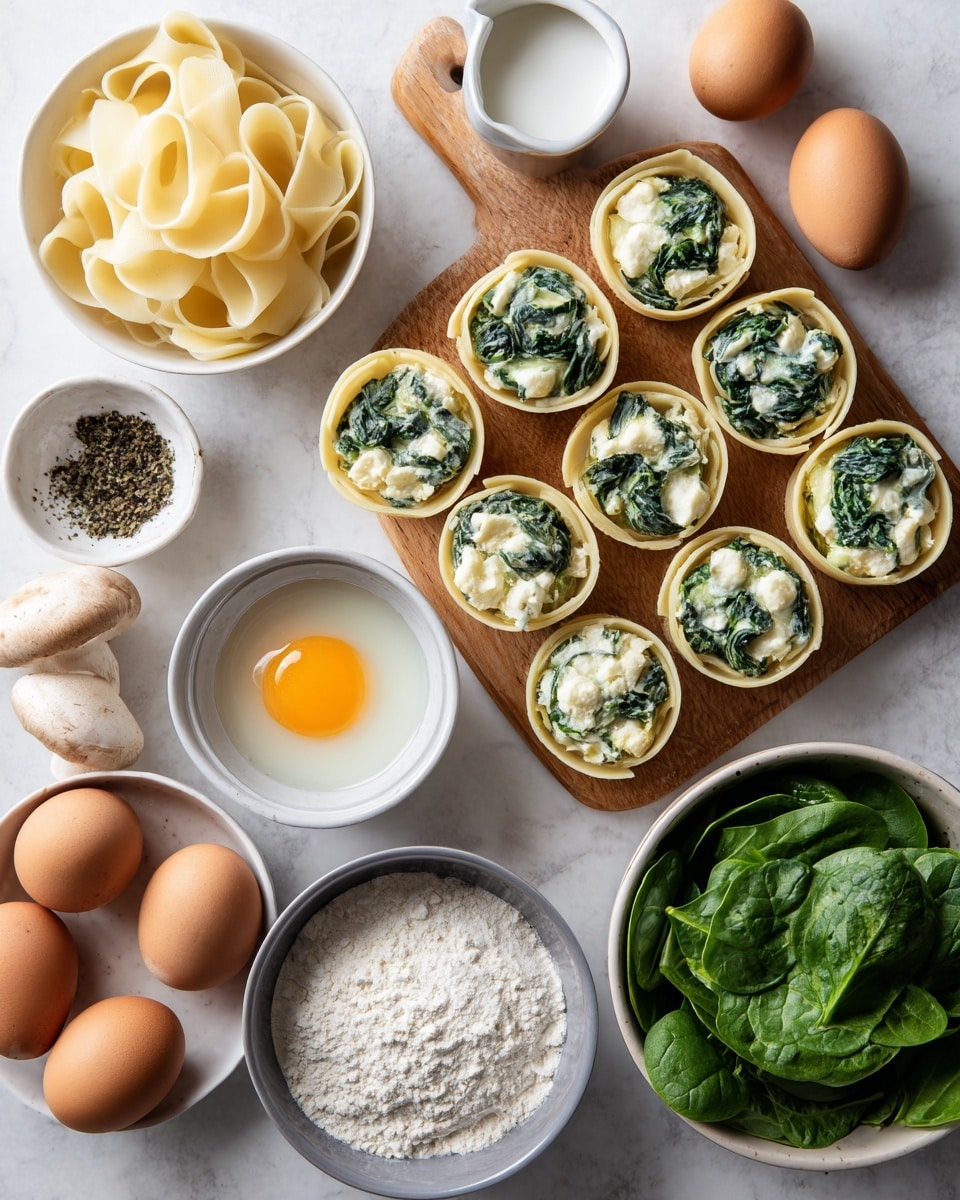 The image shows a neat arrangement of ingredients on a white marbled surface. In the center-right, there is a wooden board holding two rows of pasta cups filled with a creamy white and green spinach mixture. To the top left, there is a white bowl with thin, pale yellow pasta sheets. Below that, a white bowl holds one raw egg yolk surrounded by the egg white. Next to the egg, a tiny white cup contains a small amount of milk. In the center, a gray bowl has a mixed filling of white cheese and spinach. To the right of that, a brown bowl holds white flour. Below these, six brown eggs rest in a carton. To the far left, three mushrooms and a small white bowl with dark dried herbs sit near the eggs. Lastly, on the bottom right, a white bowl is filled with fresh bright green spinach leaves. Photo taken with an iphone --ar 4:5 --v 7