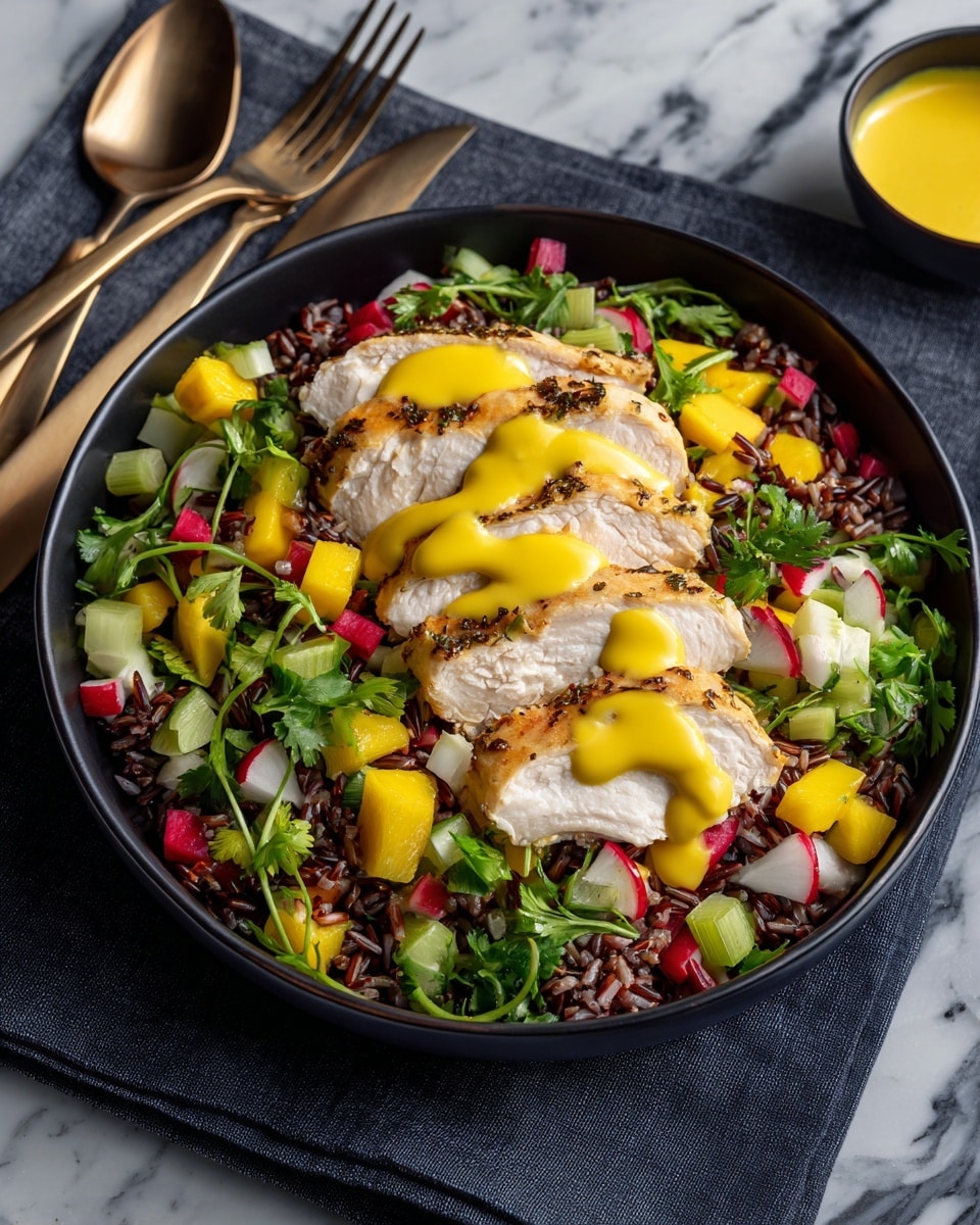 A white bowl filled with three layers: the bottom layer is dark wild rice with a rough texture, the middle layer is a mix of fresh bright green celery chunks, red radish pieces, and small yellow mango cubes scattered evenly, and the top layer shows three slices of pale grilled chicken arranged in the center, topped with a smooth yellow sauce. The bowl sits on a dark cloth on a white marbled surface, a fork and knife placed next to it. photo taken with an iphone --ar 4:5 --v 7