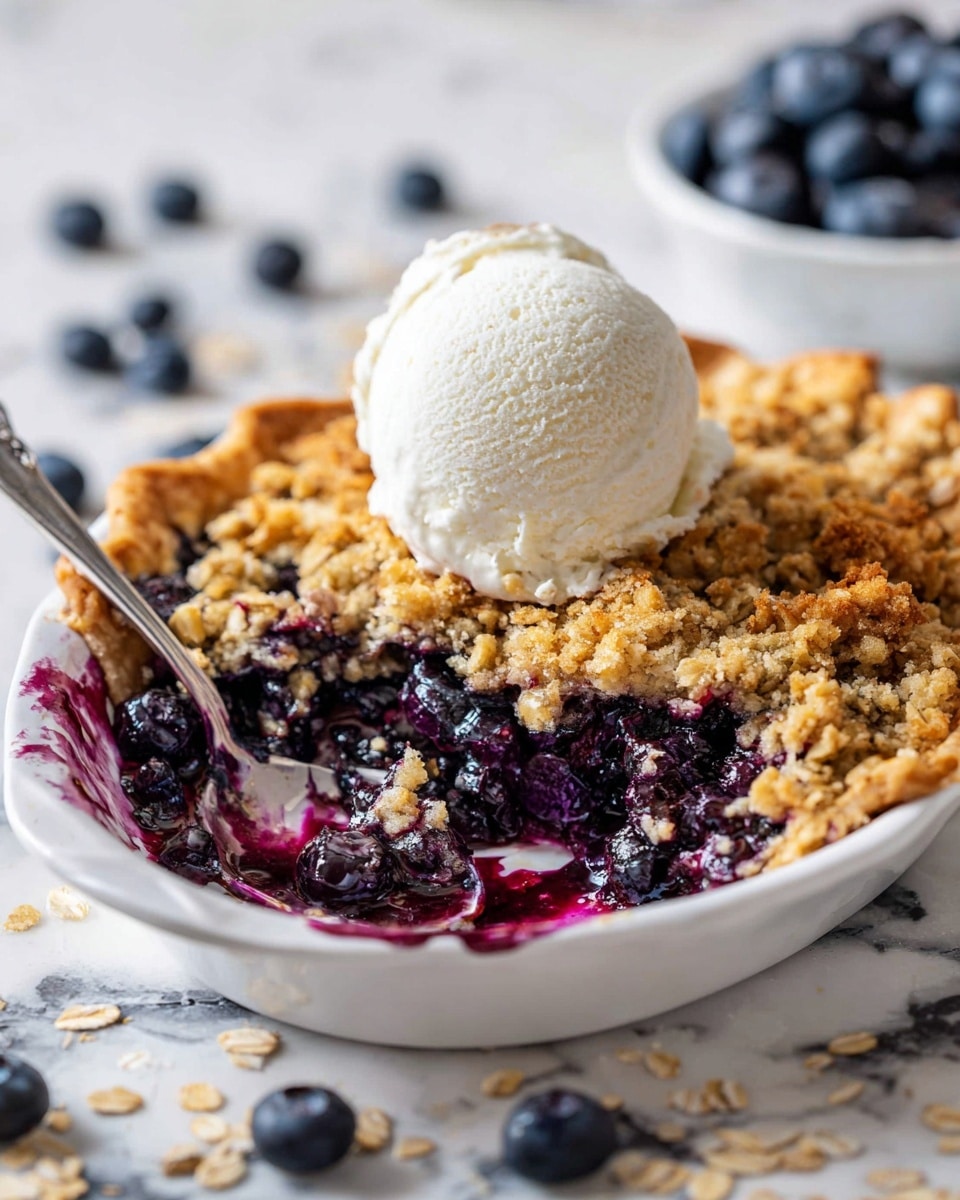 A white oval dish holds a blueberry crumble pie with a golden, crumbly top layer textured with oats. The pie crust edges are light brown and slightly raised. Inside, the second layer is a deep purple blueberry filling, some berries are whole and juicy, oozing vibrant purple juice that stains the side of the dish. On top of one slice, there is a perfect white scoop of vanilla ice cream with a smooth surface. The dish rests on a white marbled surface with scattered blueberries and oats in the background. photo taken with an iphone --ar 4:5 --v 7