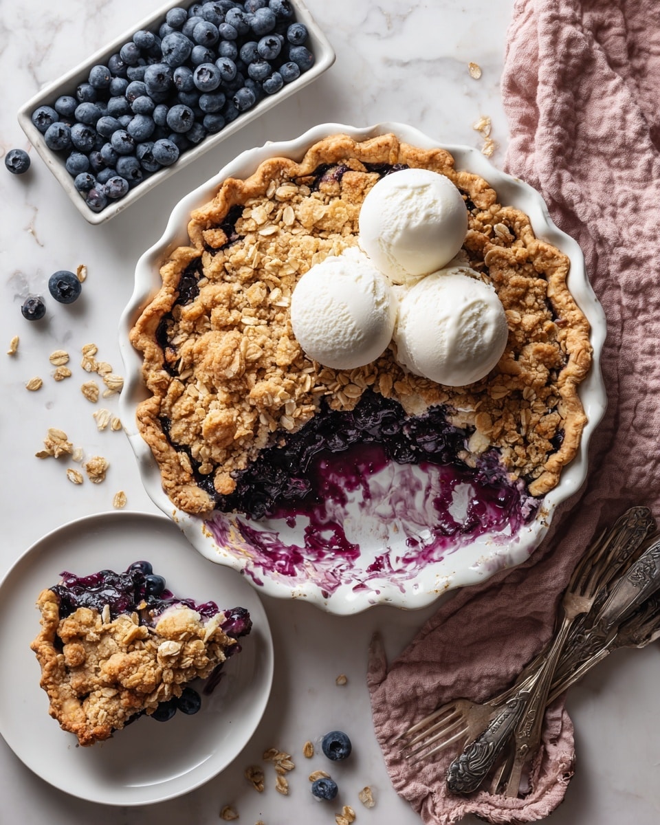 A white scalloped pie dish holds a partially eaten blueberry crumble pie with a golden brown, crumbly oat topping and a thick deep purple blueberry filling visible where a slice is missing; three white scoops of melting vanilla ice cream sit on the crumble near the empty space. Near the pie, a white plate holds a single slice of the pie with the same layers, and a woman's hand is holding a fork above the plate. To the side, there is a white rectangular bowl filled with fresh blueberries and a gold spoon filled with rolled oats. The scene is set on a white marbled surface with scattered oats and blueberries, a pale pink textured cloth, and an empty white plate with two vintage forks on it nearby. photo taken with an iphone --ar 4:5 --v 7