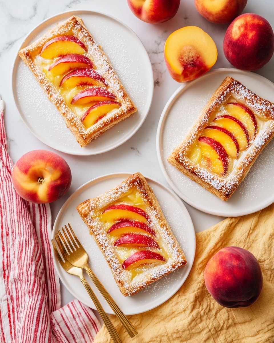 Two white plates with peach pastries are shown on a white marbled surface. Each pastry has three layers: the bottom is golden-brown square dough, the middle layer is a pale cream, and the top layer has thin, bright orange peach slices with red edges placed in a row. A dusting of white powdered sugar covers the pastries and the plates. A woman's hand holds a gold fork beside one pastry on the left plate, which rests partly on an orange textured cloth. There are whole peaches with reddish-orange skin around the plates, and a red and white striped cloth is near the right plate with a gold spoon. Photo taken with an iphone --ar 4:5 --v 7
