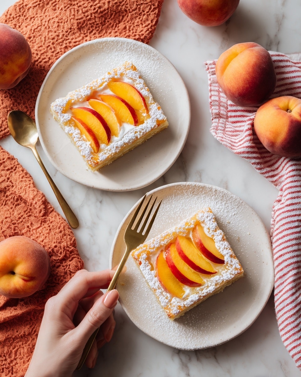 Two white plates on a white marbled surface each have square peach tarts with a golden-brown crust as the base layer, topped with several peach slices arranged in a fan shape showing orange and red skin colors. The tarts are sprinkled with white powdered sugar. One plate holds two tarts with a gold fork resting beside them on a yellow textured cloth. The other plate has one tart with a gold spoon placed beside it on a red and white striped cloth. Fresh whole peaches with a fuzzy texture, showing yellow and red tones, are scattered around the plates. Photo taken with an iphone --ar 4:5 --v 7