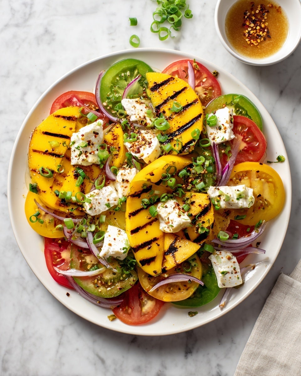 The dish is a colorful salad served on a white plate, placed on a white marbled surface. It has one layer of mixed sliced tomatoes in red, green, and yellow shades forming the base with juicy textures. On top, there are several slices of grilled yellow mango with clear dark grill marks placed around the plate. Scattered dollops of soft white cheese add creaminess, and thin rings of light purple shallots are spread evenly across. Fresh green herbs and small green onion pieces are sprinkled over for a fresh look. There is a small white bowl in the top right corner with a light brown sauce and chili flakes visible. Photo taken with an iphone --ar 4:5 --v 7