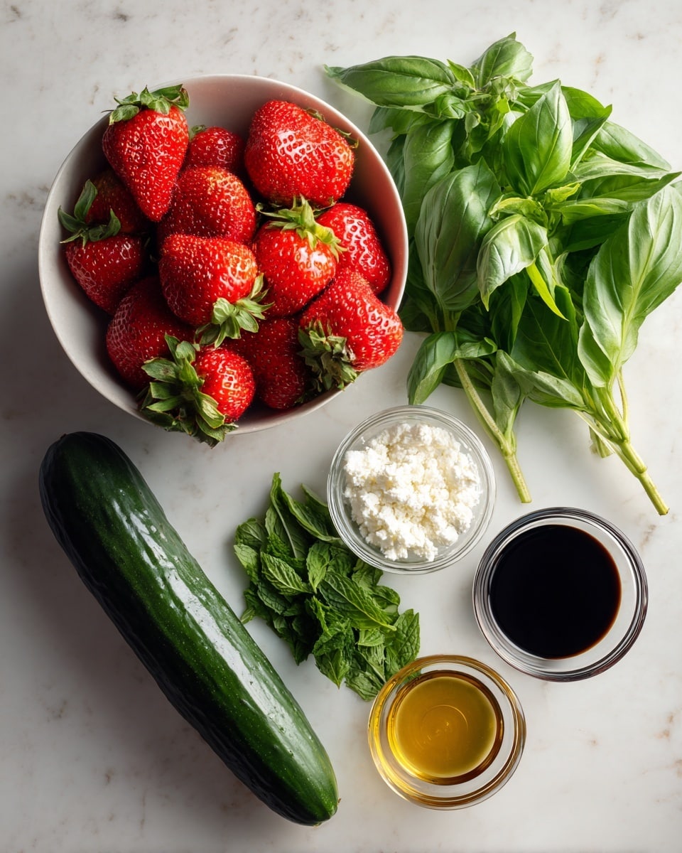 The image shows fresh ingredients on a white marbled surface. On the left side, there is a white bowl filled with bright red strawberries with green leaves on top. Above this bowl, there is a bunch of fresh green basil leaves, and below it, a small bunch of vibrant green mint leaves. On the right, a long dark green cucumber lays horizontally. Near it, there are three small clear glass bowls: the top one has white coarse salt, the middle one contains soft white crumbled cheese, and the bottom two hold dark balsamic vinegar and golden olive oil. The colors are bright and fresh, with a clean and natural look. Photo taken with an iphone --ar 4:5 --v 7