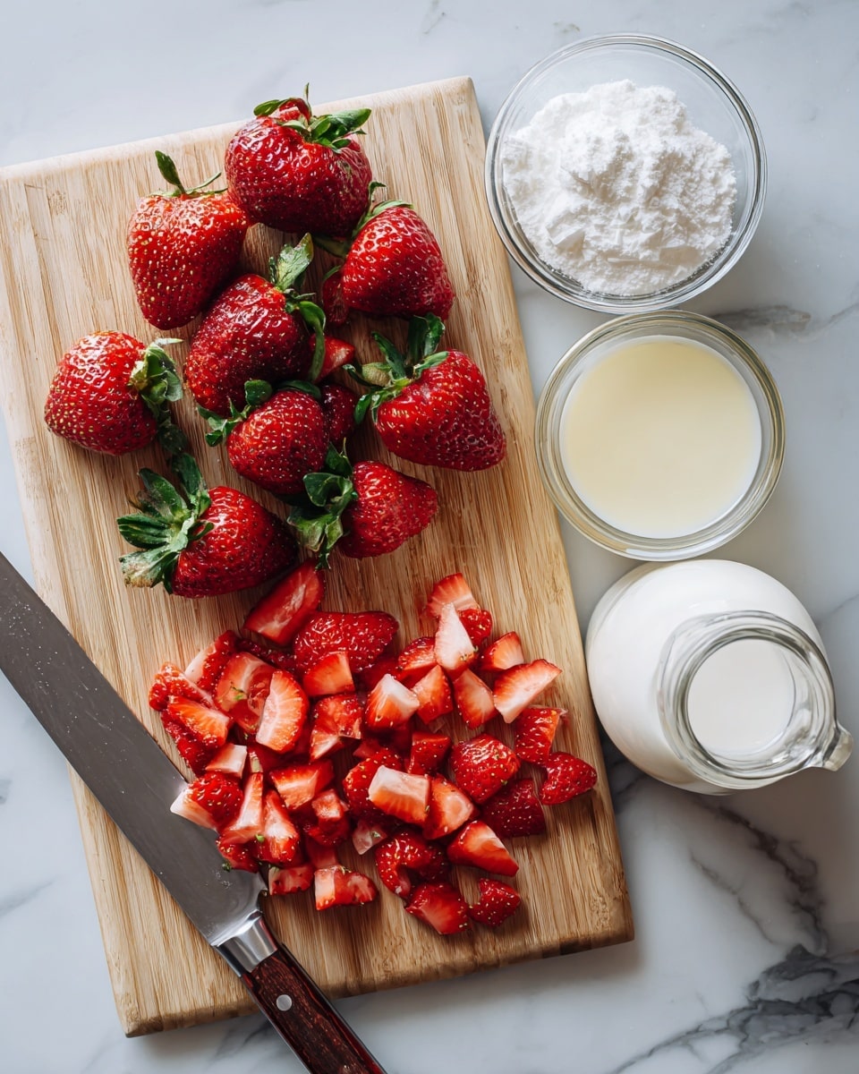 The image shows fresh red strawberries on a light wood cutting board placed on a white marbled surface. There are whole strawberries with green leaves and some strawberries sliced thinly and chopped into small pieces at the front. To the top right of the cutting board, three small clear glass bowls hold white sugar, white heavy cream, and pale yellow lemon juice. At the bottom right, there is a small clear glass bottle filled with white milk resting on the marbled surface. A large metal knife lies at the left edge of the cutting board near the strawberries. photo taken with an iphone --ar 4:5 --v 7