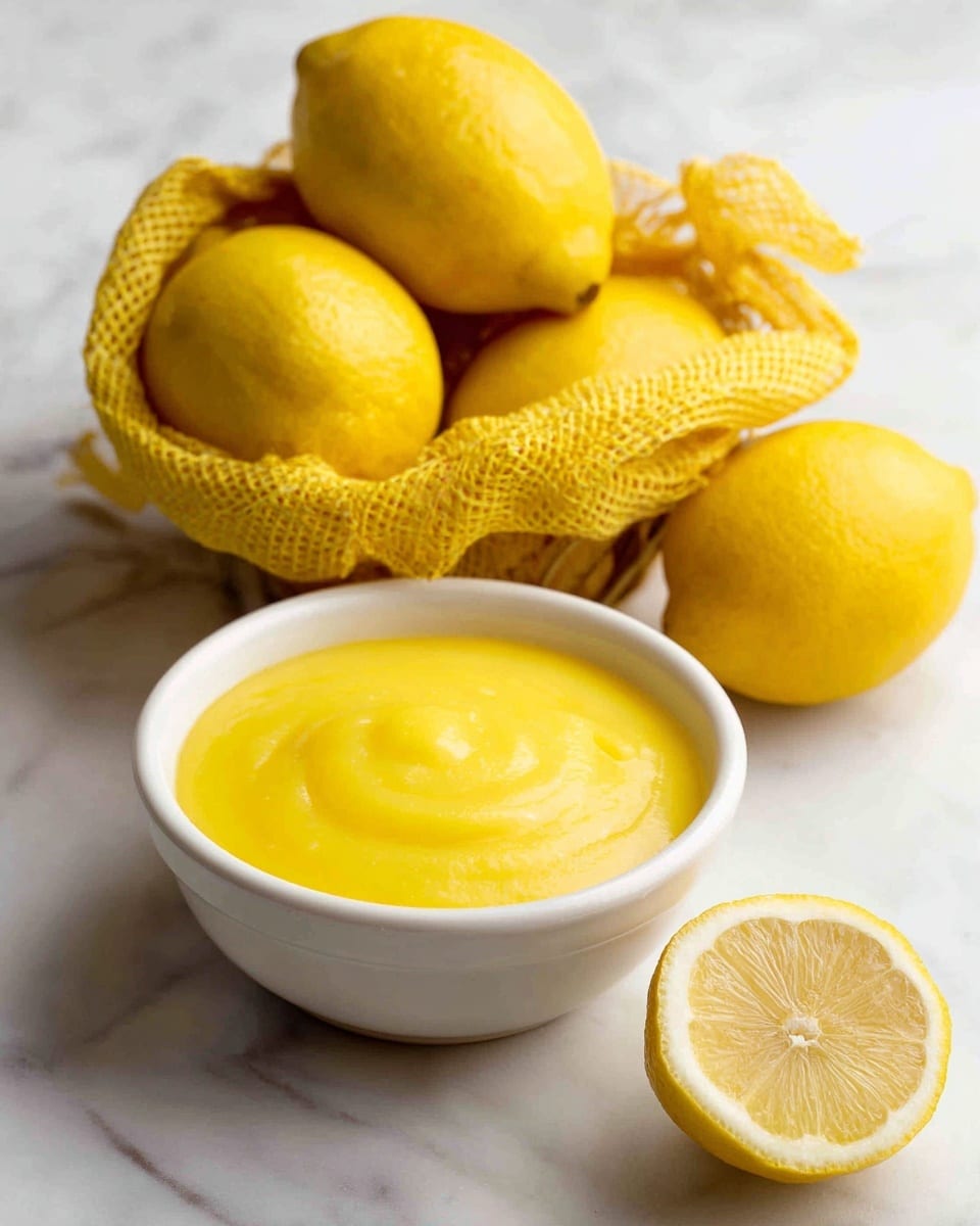 A white bowl filled with smooth, bright yellow lemon curd is placed below a small pile of fresh, whole lemons in a yellow mesh bag. One lemon is cut in half showing its juicy, pale yellow inside, placed near the bottom right of the image. Another whole lemon sits near the bottom left. The background is a white marbled textured surface that contrasts the vivid yellow colors of the lemons and lemon curd. photo taken with an iphone --ar 4:5 --v 7