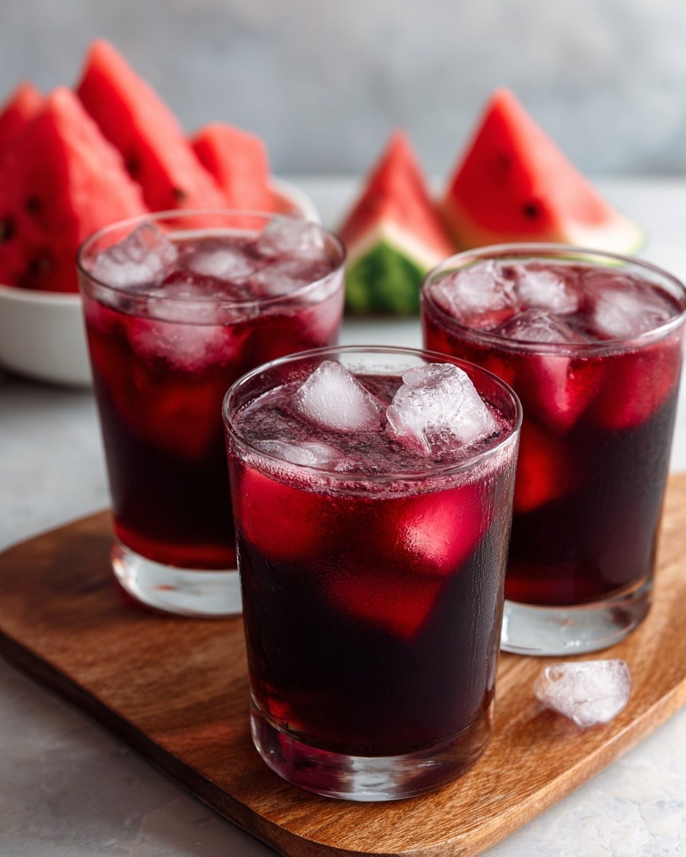 Three tall clear glasses filled with dark red juice with some ice cubes on top, sitting side by side on a wooden board with a handle, all placed on a white marbled surface. In the background, there is a bowl holding a slice of watermelon with bright red flesh and green rind, set against a white tiled wall. Photo taken with an iphone --ar 4:5 --v 7