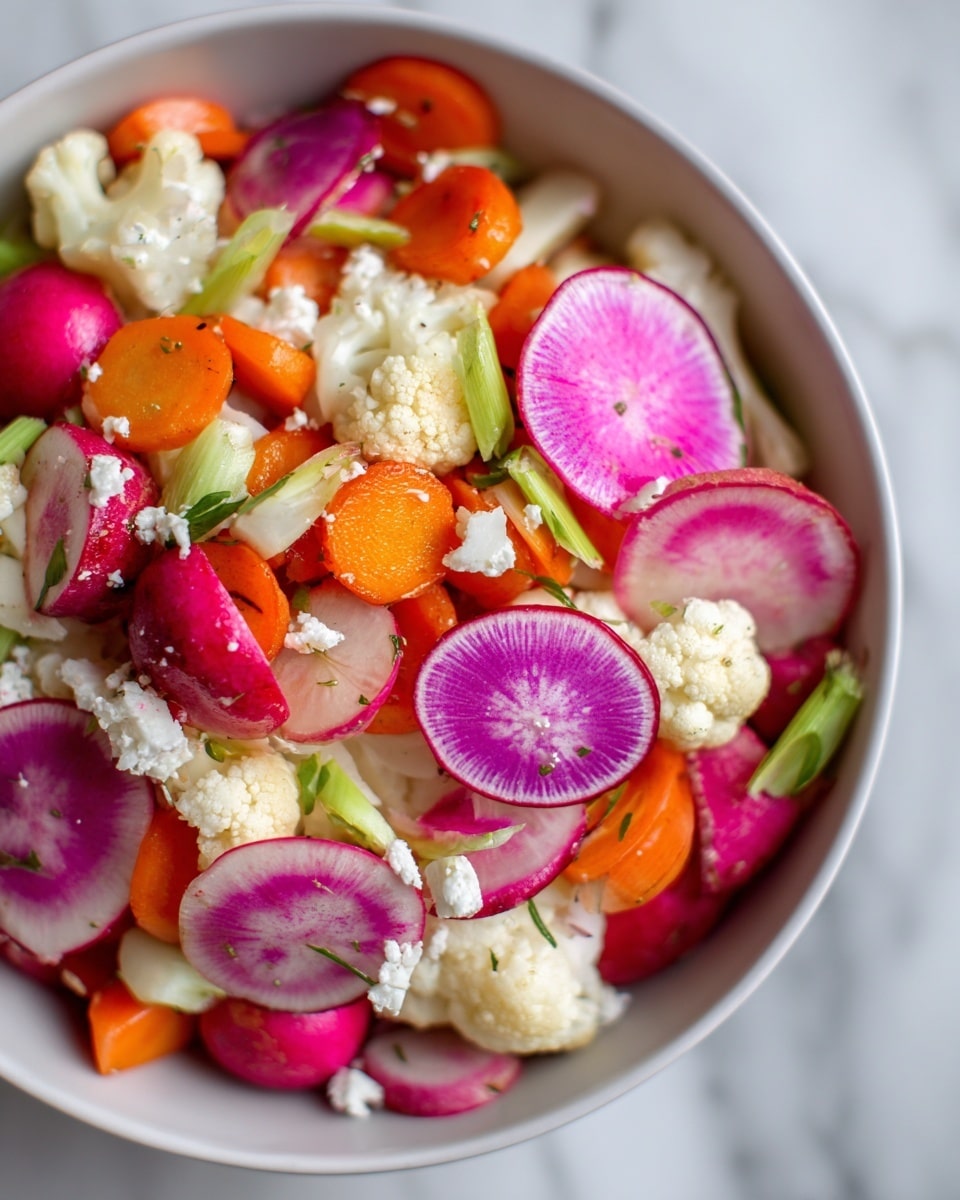 A close-up of a light blue bowl placed on a white marbled surface filled with a colorful salad made of sliced radishes in red and purple, small round orange carrot pieces, shreds of light green celery, and creamy white small chunks of cheese scattered on top. The salad pieces show a mix of smooth and crisp textures with vibrant natural colors. Photo taken with an iphone --ar 4:5 --v 7