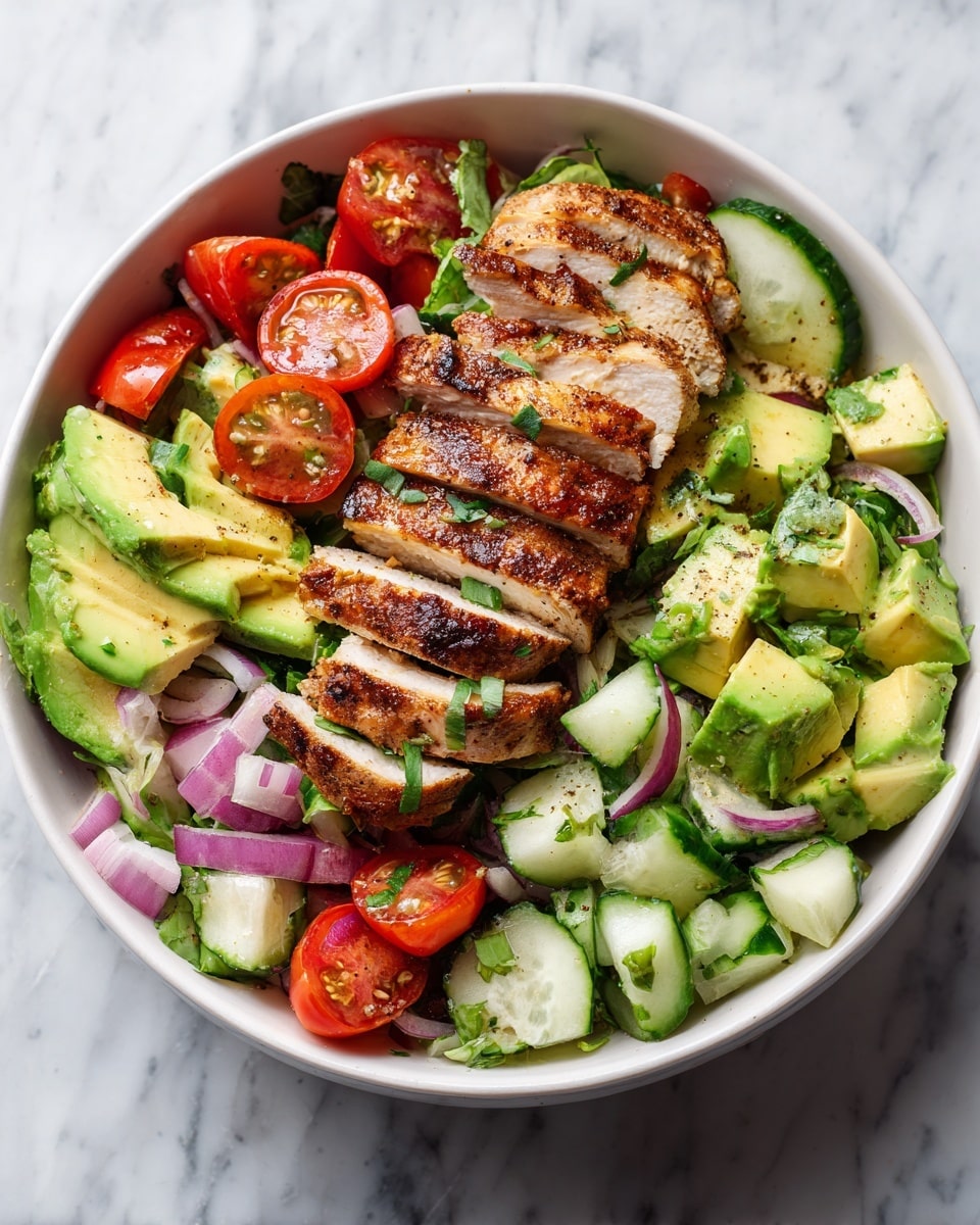 The image shows a close-up of a salad in a white bowl on a white marbled surface. The salad has grilled chicken pieces with a brown, slightly charred crust, sliced and placed on top. Beneath the chicken are layers of bright green avocado chunks, red cherry tomato halves, and chopped cucumber pieces with light green flesh and dark green skin. There are also pieces of red onion and fresh green herbs scattered throughout. The mix displays a fresh and colorful look with varied textures from creamy avocado to juicy tomatoes and tender chicken photo taken with an iphone --ar 4:5 --v 7