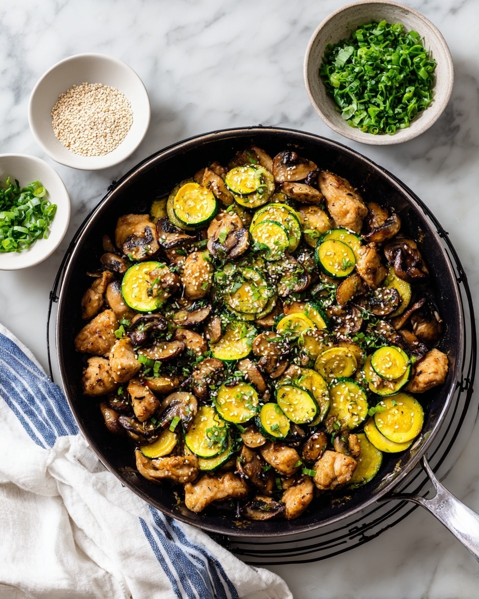 A dark round cast iron pan filled with a colorful stir-fry dish consisting of three main layers: the first layer is made of small light brown pieces of chicken scattered evenly; the second layer contains bright green zucchini slices mixed with yellow squash, both with soft textures and slightly shiny from cooking; the third layer features thin, brown cooked onion slices spread throughout, topped with chopped green onions and small white sesame seeds sprinkled over the top. The pan rests on a black wire cooling rack over a white marbled surface, with a small clear bowl of extra chopped green onions and a small wooden bowl of white sesame seeds beside it, alongside a white cloth with grey stripes. photo taken with an iphone --ar 4:5 --v 7