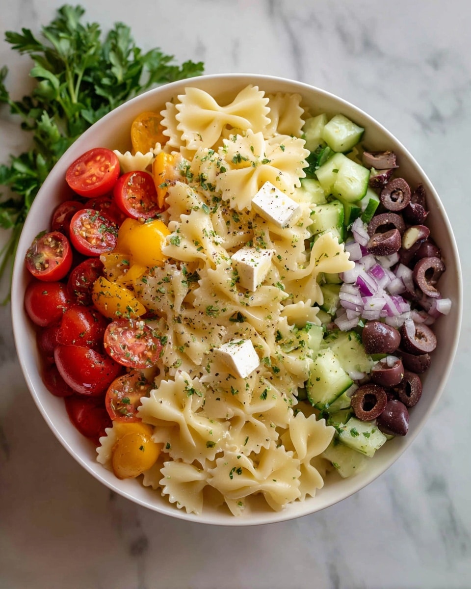 A large white bowl filled with a colorful pasta salad that has three layers: the bottom layer is yellow ridged pasta with a wavy texture, the middle layer is mixed chopped vegetables including green cucumber pieces, red and orange cherry tomato halves, and small chunks of red onion, and the top layer has a scattering of green and black olive slices along with small white crumbles of cheese. The pasta and vegetables appear lightly coated with herbs and dressing. Around the bowl are white platters holding whole green and black olives on one and bright red tomatoes on the other, all set on a white marbled surface with some green herb sprigs placed casually nearby. Photo taken with an iphone --ar 4:5 --v 7