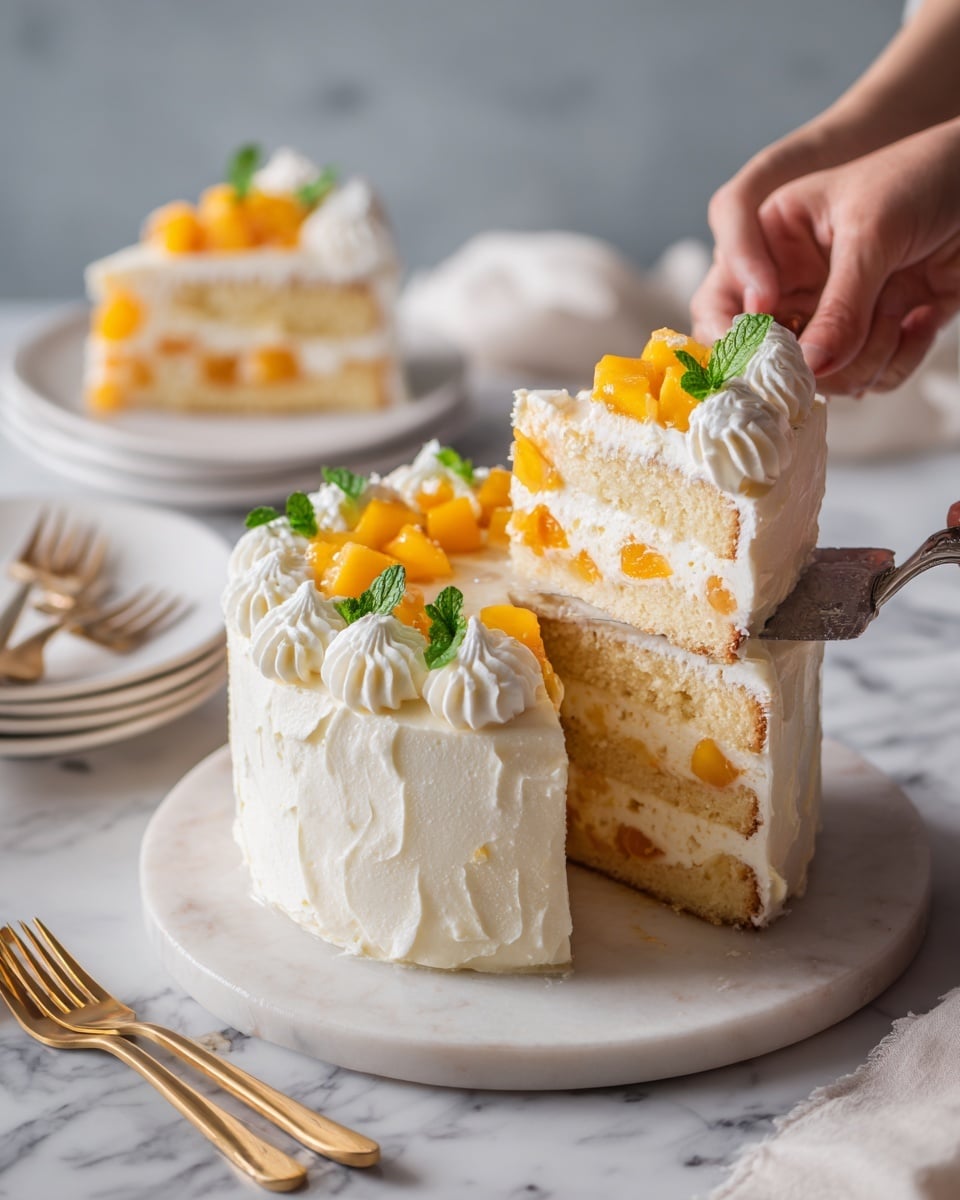 A white frosted cake with two visible layers is shown, each layer separated by a creamy white filling with small orange fruit pieces inside. The cake is decorated on top with dollops of white cream, chunks of bright orange fruit, and small green mint leaves. A woman's hand is placing a chunk of the orange fruit on the slice being lifted out with a silver cake server. The cake sits on a round white marble board on a white marbled surface, with white plates and gold forks nearby. Photo taken with an iphone --ar 4:5 --v 7