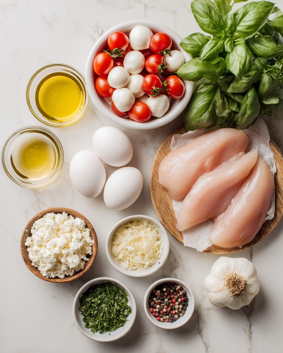 The image shows fresh ingredients for a meal arranged neatly on a white marbled surface. On the right, three raw chicken fillets with a light pink color are placed on a small wooden board. Above them, a bunch of green basil leaves adds a pop of color. Nearby, a white bowl holds red cherry tomatoes paired with white mozzarella balls on their vine. To the left, a clear glass bowl contains golden olive oil, and three white eggs are sitting next to it. Below, a small wooden bowl filled with white crumbly cheese, a white bowl with green chopped herbs, and another white bowl with shredded cheese are scattered along with a bulb of garlic and a small onion. A small white bowl of mixed peppercorns is also included. The overall scene is calm and clean with fresh textures and natural colors. Photo taken with an iphone --ar 4:5 --v 7