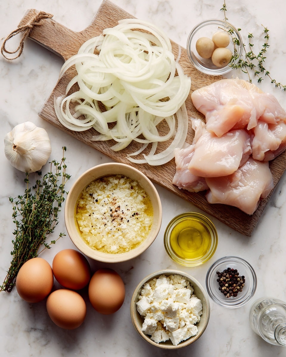 The image shows an arrangement of raw cooking ingredients on a white marbled surface. In the top center, there is a wooden cutting board with peeled, sliced white onions on the left side and several pale pink raw chicken pieces stacked on the right. To the left of the board, there is a small clear glass bowl holding three small round items and a whole garlic bulb. Near the bowl, there is a bunch of fresh green thyme sprigs. Towards the bottom left, six brown eggs are grouped together next to another garlic bulb. In the center, a beige bowl contains a pale yellow sauce topped with black pepper flakes. Near it, a clear glass bowl is heaped with white crumbled cheese or a similar ingredient, and a tiny glass bottle filled with a light liquid sits beside it. Two smaller bowls lie in the bottom right area, one with whole black peppercorns and the other with two raw egg yolks visible in a clear glass bowl. photo taken with an iphone --ar 4:5 --v 7