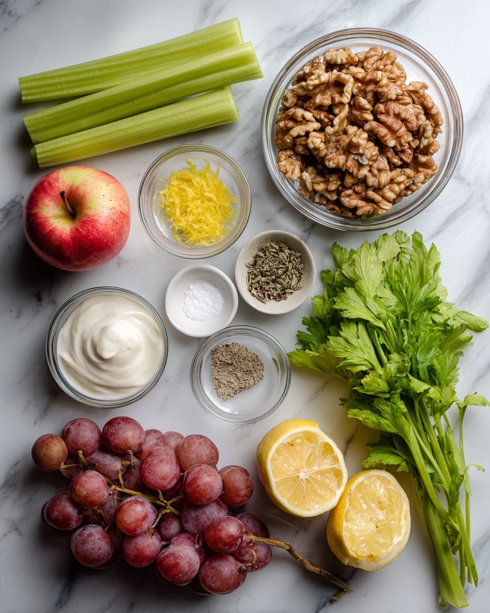 The image shows several ingredients arranged on a white marbled surface. There are three green celery stalks on the left, next to a red apple with shades of yellow and light red. Above the apple is a clear glass bowl filled with brown walnut pieces. Below the walnuts is another clear glass bowl containing a white creamy substance. To the left of that is a small white dish with yellow lemon zest. Next to the lemon zest is a small clear glass bowl with white salt and black pepper mixed. At the bottom left, there is a bunch of reddish-purple grapes still on the vine. On the right side of the image, there are two lemon halves showing the bright yellow flesh, and below that is a bundle of fresh green leafy herbs. The photo was taken with an iphone --ar 4:5 --v 7