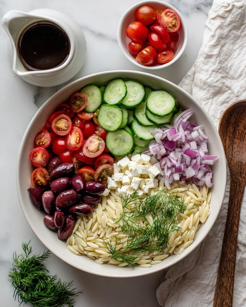 A white bowl sitting on a white marbled surface holds a colorful layered salad. The base layer is made of orzo pasta, filling half the bowl and showing a creamy off-white color. On top, the top half of the bowl is filled with slices of cucumber, bright green with a fresh look. To the left of the cucumbers, a pile of cherry tomatoes, both whole and halved, shows a vibrant red color. Near the center, diced red onions give texture with their purple and white small pieces, next to dark purple Kalamata olives sliced in half. Below the olives, fresh green dill adds a feathery and soft layer, close to the bottom of the bowl. White cubes of feta cheese are placed neatly on the lower left side above the orzo. Around the main bowl, a small white bowl filled with cherry tomatoes is visible, as well as a small white bowl with fresh dill sprigs. A white vessel with dark vinaigrette dressing sits near the top right, and a wooden spoon lies on a white cloth to the right. Photo taken with an iphone --ar 4:5 --v 7