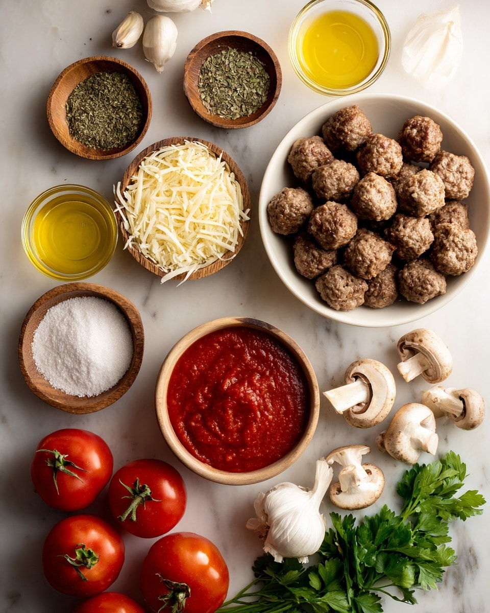 The image shows a top-down view of a group of ingredients neatly arranged on a white marbled surface. A white bowl filled with about 18 brown meatballs is placed near the top right. Around it are wooden and glass containers holding various ingredients: a wooden bowl filled with finely grated pale cheese sits near the center; small glass bowls with yellow olive oil and a darker vinaigrette are near the top left; a wooden bowl with dried green herbs is above the meatballs; a small wooden bowl with white granulated seasoning is below the cheese. Whole red tomatoes on the vine are at the bottom left, next to a white bowl with thick bright red tomato sauce. Fresh white mushrooms and a whole garlic bulb with cloves are placed to the right of the cheese. A bunch of fresh green parsley rests near the bottom right. The lighting is soft, casting gentle shadows. Photo taken with an iphone --ar 4:5 --v 7