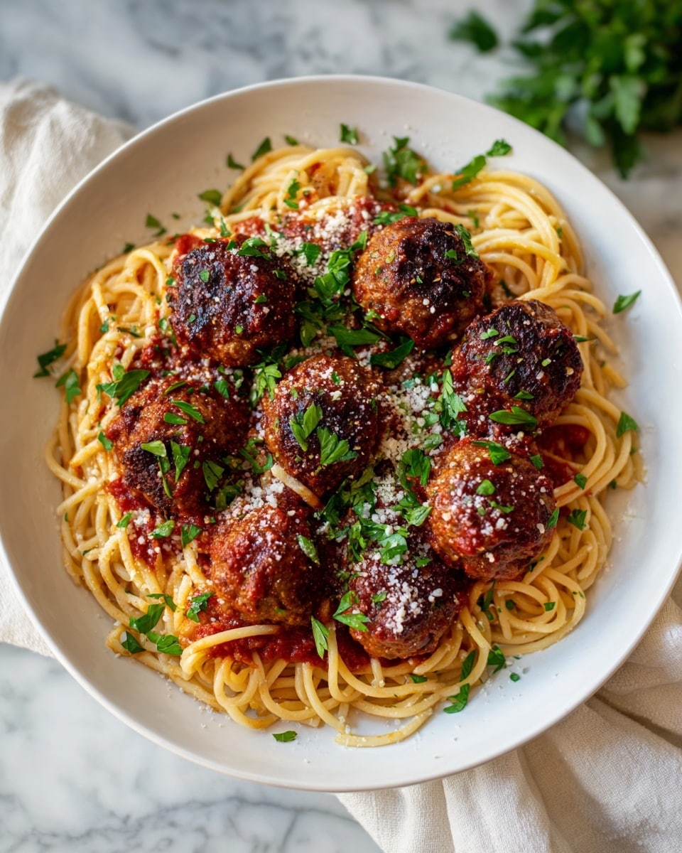 A white plate with a round pile of spaghetti forming the base layer, coated lightly in red tomato sauce, topped with nine browned meatballs covered in more tomato sauce, sprinkled with shredded white cheese and fresh green chopped parsley evenly spread over the meatballs and spaghetti, all placed on a white marbled surface. The photo is taken with an iphone --ar 4:5 --v 7
