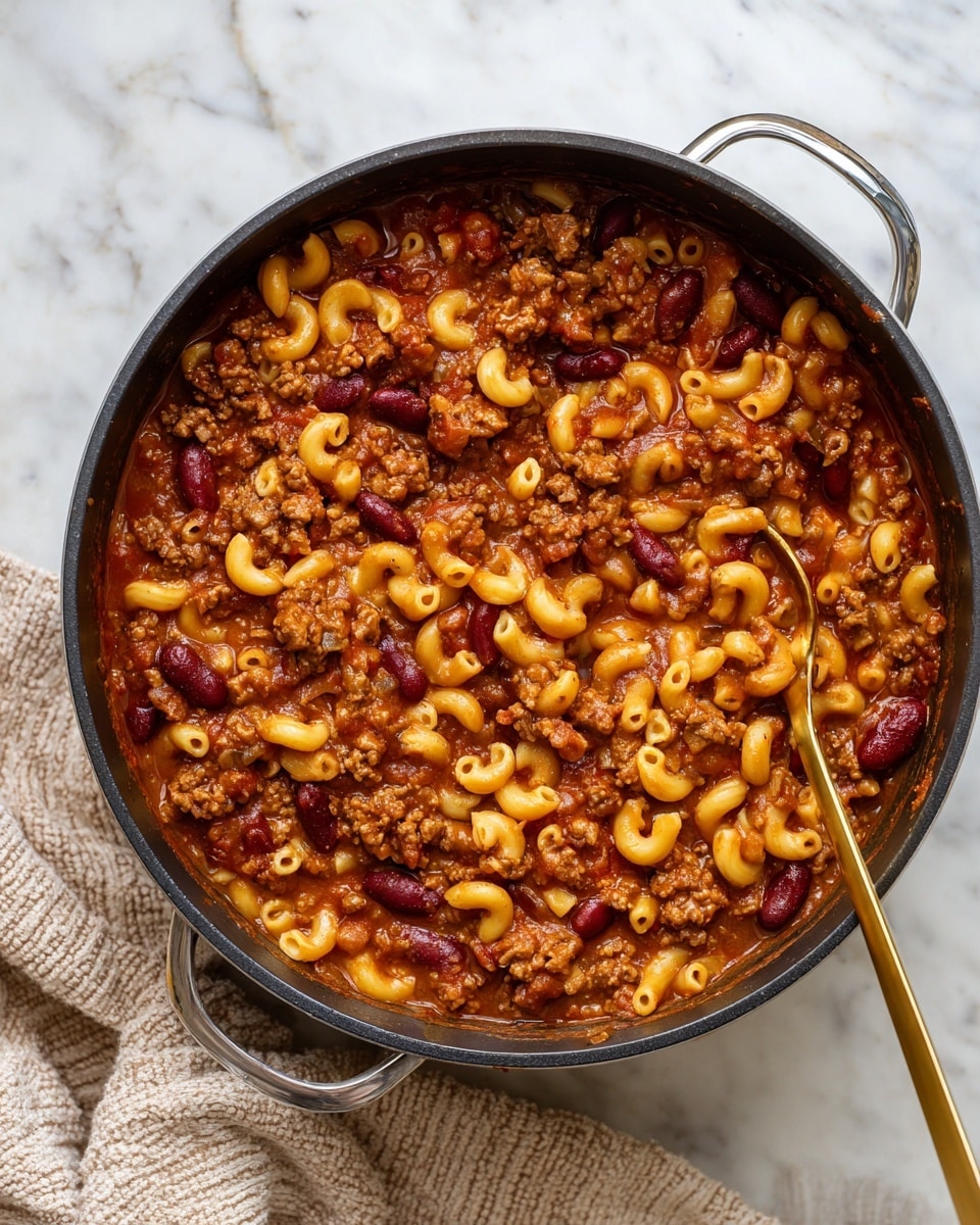 The image shows a black pot filled with a thick, rich macaroni chili mixture. The chili has three main parts: small elbow pasta in a light golden yellow, hearty brown ground meat, and dark red kidney beans, all mixed in a deep reddish-brown tomato sauce. A gold spoon is resting in the pot, stirring the chili on the right side. The pot is placed on a white marbled surface with a beige textured cloth nearby. Photo taken with an iphone --ar 4:5 --v 7