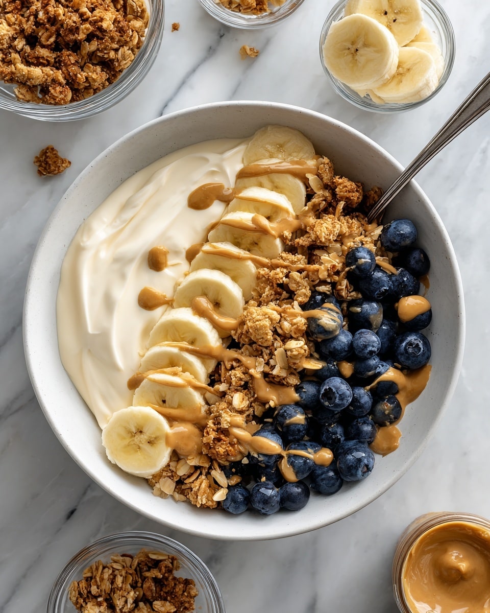A white bowl filled with creamy yogurt forms the base layer, topped on one side with a neat row of yellow banana slices and on the other side with a cluster of dark blue blueberries. Scattered between the fruits and over them is a crunchy, brown granola, and generous drizzles of light brown peanut butter cover parts of the bananas, blueberries, and granola. The bowl rests on a white marbled surface, surrounded by small clear glass bowls holding extra banana slices, blueberries, granola, and peanut butter with a spoon inside it. A silver spoon stands inside the main bowl. Photo taken with an iphone --ar 4:5 --v 7