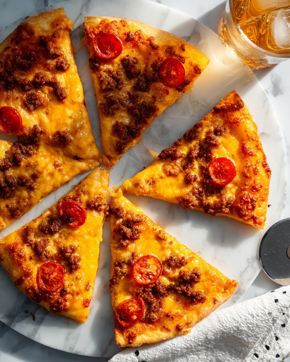 The image shows four pizza slices on a white marbled surface. Each slice has a golden brown crust with some areas slightly darker from baking. The first layer is melted cheese covering the whole slice with a smooth, slightly bubbly texture in an orange-yellow shade. On top of the cheese are small pieces of cooked ground meat, dark brown and crumbly, scattered unevenly across the surface. There are also a few round slices of bright red pepperoni, some slightly curled and darker at the edges. Near the slices, there is a silver pizza cutter with a round blade and a white cloth with black stitching on the right side. In the top right, a clear glass cup containing a light amber drink with ice cubes is partially visible. The scene is lit with soft natural light. photo taken with an iphone --ar 4:5 --v 7