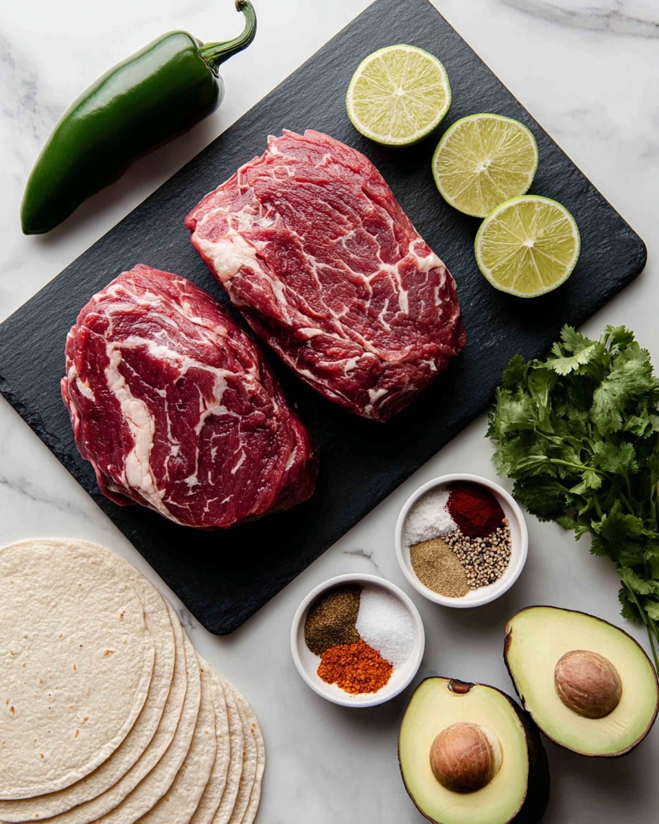 A black cutting board sits on a white marbled surface with two large raw red meat pieces with white marbled fat on top. To the left, there is a whole sliced green jalapeño with seeds showing. Below the meat, four lime wedges are arranged evenly. To the right, there is a small white bowl with seven different spices of various colors like red, brown, and white, arranged in separated piles. A bunch of fresh green cilantro is next to the bowl of spices. At the bottom left, there is a stack of white corn tortillas. Two halves of a ripe avocado with bright green flesh and a large brown seed in one half are near the bottom right corner. Photo taken with an iphone --ar 4:5 --v 7