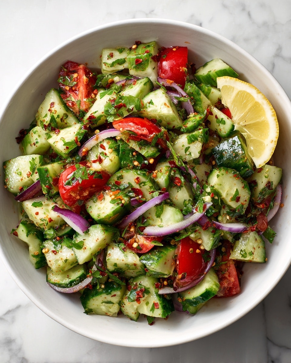 A white bowl filled with a fresh salad made of chopped green cucumber pieces, red tomato chunks, thin slices of purple onion, and green leaves of parsley mixed throughout, all sprinkled with red chili flakes. On the right edge of the bowl, there is a wedge of bright yellow lemon resting on the salad. The bowl sits on a white marbled surface, showing a clean and simple background. photo taken with an iphone --ar 4:5 --v 7