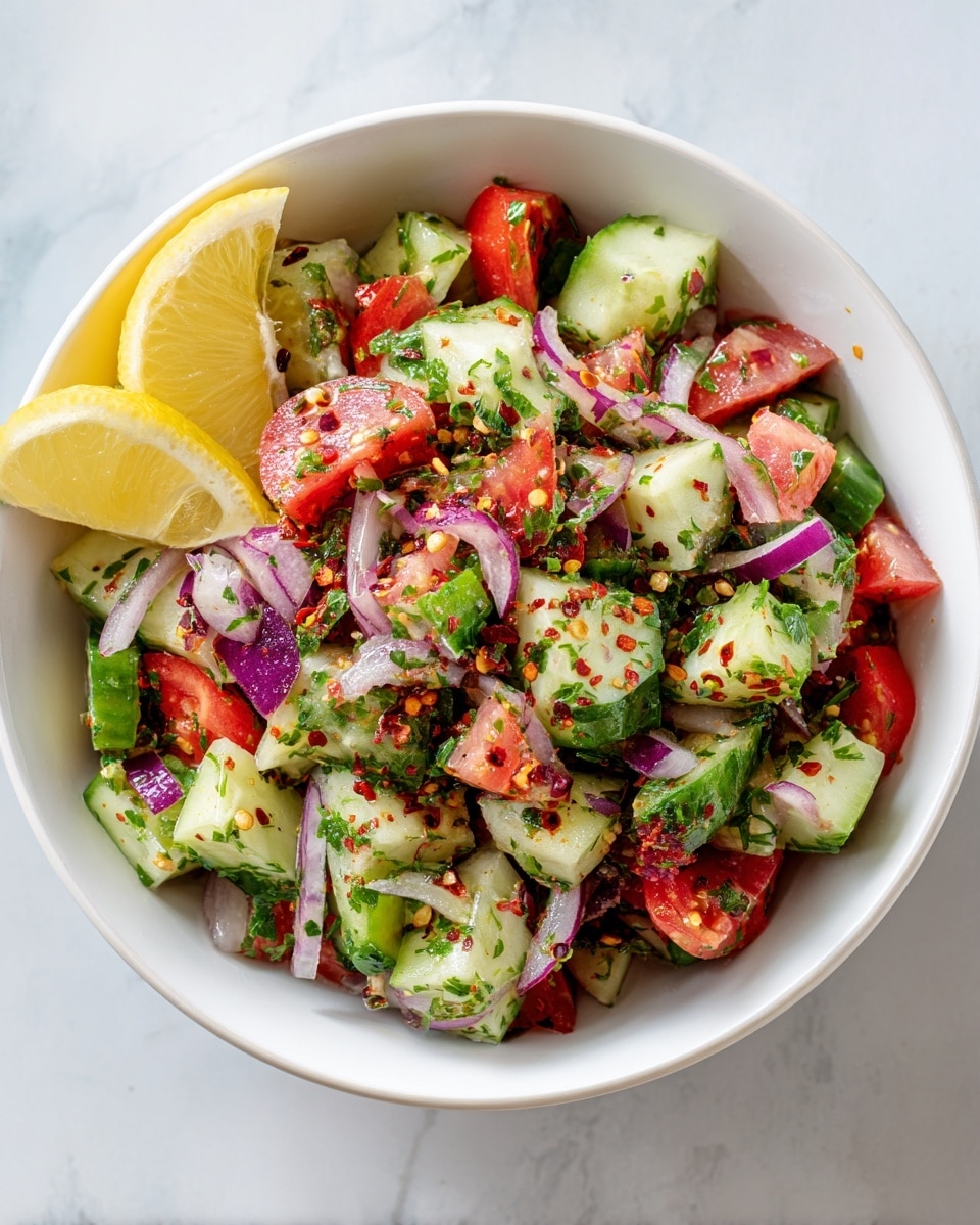 A white bowl filled with a fresh salad made of three main layers: the bottom layer has chopped bright green cucumber pieces with a smooth texture, the middle layer is filled with juicy, red tomato chunks showing their seeds, and the top layer includes thin slices of purple-red onion mixed with finely chopped green herbs and sprinkled with red spices. At the side of the bowl, there are two lemon wedges with a smooth yellow surface resting against the salad. The bowl sits on a white marbled surface giving a clean look. Photo taken with an iphone --ar 4:5 --v 7