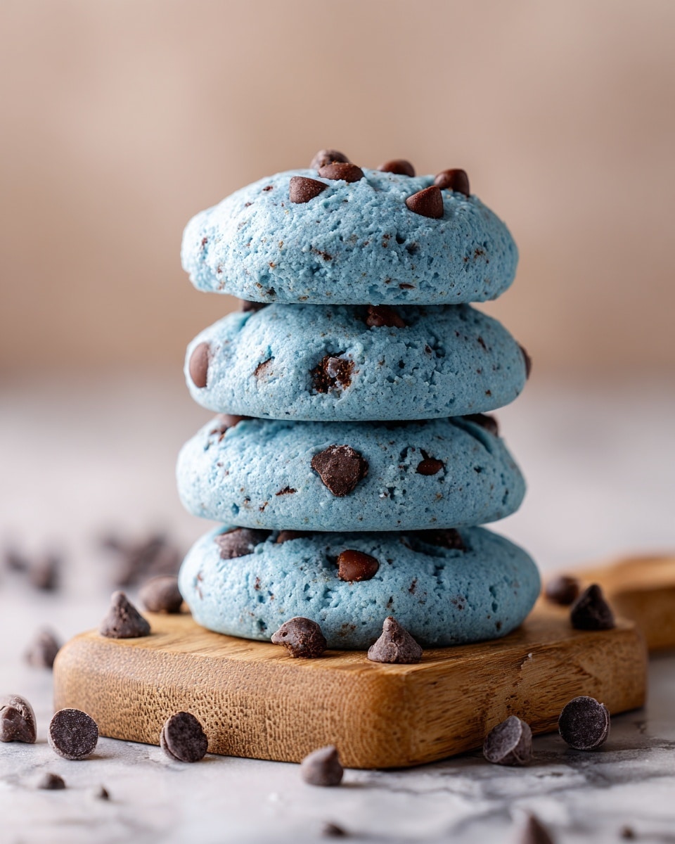 A stack of four thick blue cookies with chocolate chips is shown on a light wooden board. Each cookie is round and slightly soft-looking, with brown chocolate chips scattered on the surface and slightly inside. The background is plain beige, and there are a few chocolate chips scattered around the board. The image has a clean, simple look with a focus on the cookie stack, which is centered and fills most of the frame. The surface underneath the board is a white marbled texture. Photo taken with an iphone --ar 4:5 --v 7