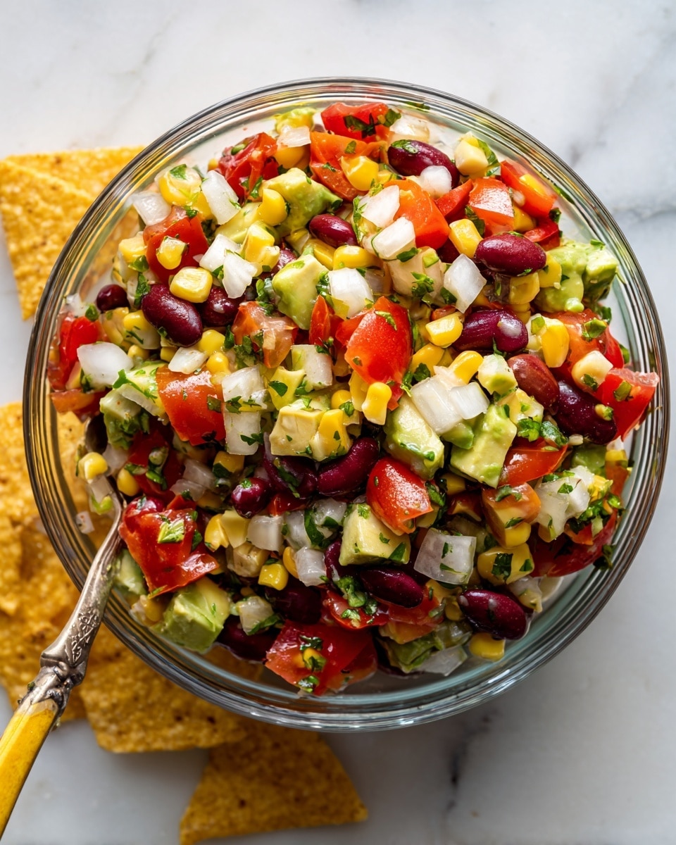 A clear glass bowl filled with a colorful mix of chopped vegetables layered closely: diced red tomatoes, bright yellow corn, white onion cubes, dark red kidney beans, small green avocado pieces, and finely chopped fresh green herbs. The textures vary from smooth avocado to firm corn kernels and beans, all combined evenly. A yellow-handled spoon is partially visible in the lower left corner, scooping some of the mix. The bowl sits on a white marbled surface with some triangular yellow tortilla chips scattered nearby. Photo taken with an iphone --ar 4:5 --v 7