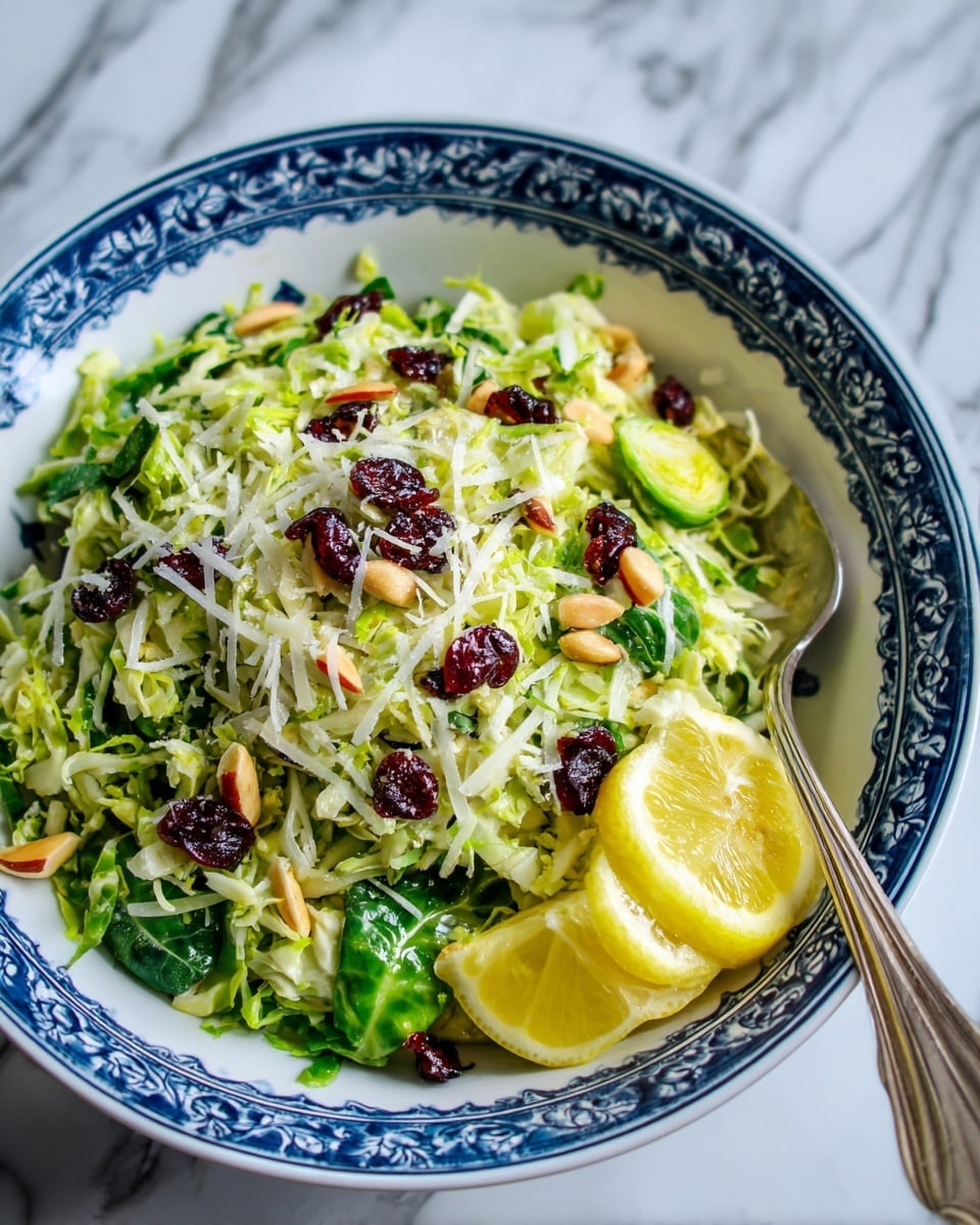 A white bowl with blue patterns on the edge holds a fresh salad. The base layer is bright green shredded Brussels sprouts mixed with whole green leaves. On top, there are scattered dark red dried cranberries and small light brown pine nuts. The salad is sprinkled with grated white cheese and zest of lemon, adding a light yellow touch. Two lemon slices sit on one side. A silver spoon rests inside the bowl on the right. The background is a white marbled surface. photo taken with an iphone --ar 4:5 --v 7