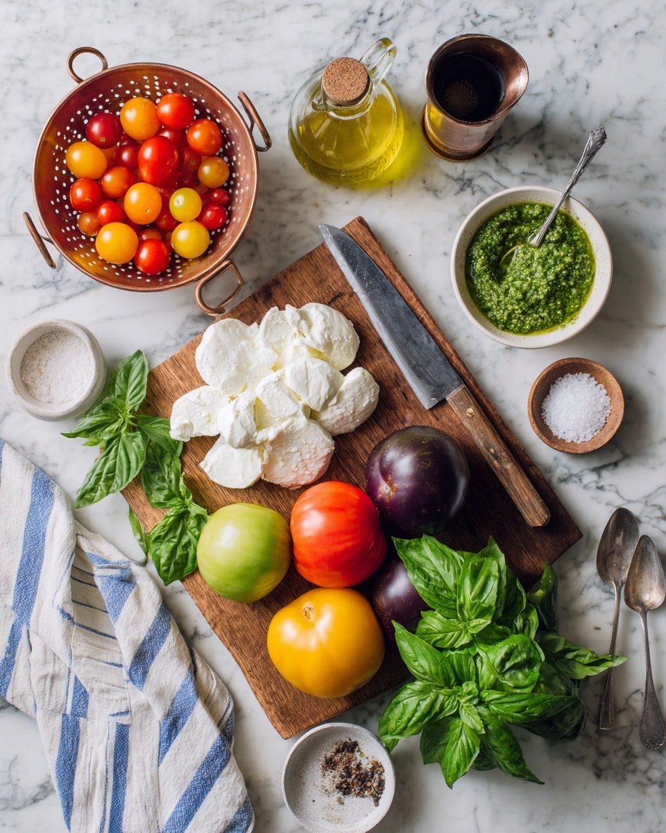 The image shows a wooden board with five whole tomatoes of different colors—deep red, bright red, yellow, green, and purple—arranged in a rough circle on the right side. To the left are fresh green basil leaves next to a round bowl of soft white mozzarella cheese, some pieces torn open to show texture. Above the tomatoes on the board is a large knife with a dark handle. A copper colander filled with small round tomatoes in red and yellow sits slightly above the board on a white marbled surface. Around the board are a small white bowl filled with coarse salt, a glass container with dark liquid, a copper oil dispenser, a bottle of olive oil, and a small white bowl with green pesto and a spoon inside. A white cloth with blue stripes lies to the right on the white marbled surface. Photo taken with an iphone --ar 4:5 --v 7