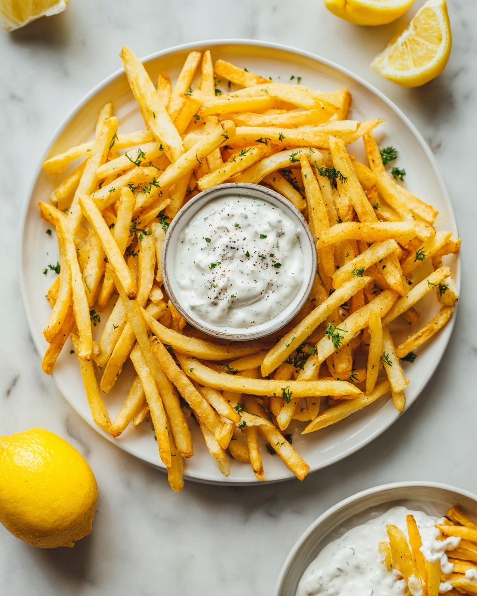 A large white plate filled with a big pile of thin, golden-brown French fries, with some fries spilling over the edges. In the middle of the plate, there is a small white bowl with a green rim, filled with creamy white sauce speckled with green herbs and small black pepper dots. Fresh dill sprigs are scattered on top of the sauce. Around the plate, there are three lemon wedges placed on a white marbled surface. In the lower right corner, a white plate holds a few fries dipped in the same sauce, with a lemon wedge beside them. The lighting is bright, highlighting the crispy texture of the fries and the creaminess of the sauce. Photo taken with an iphone --ar 4:5 --v 7