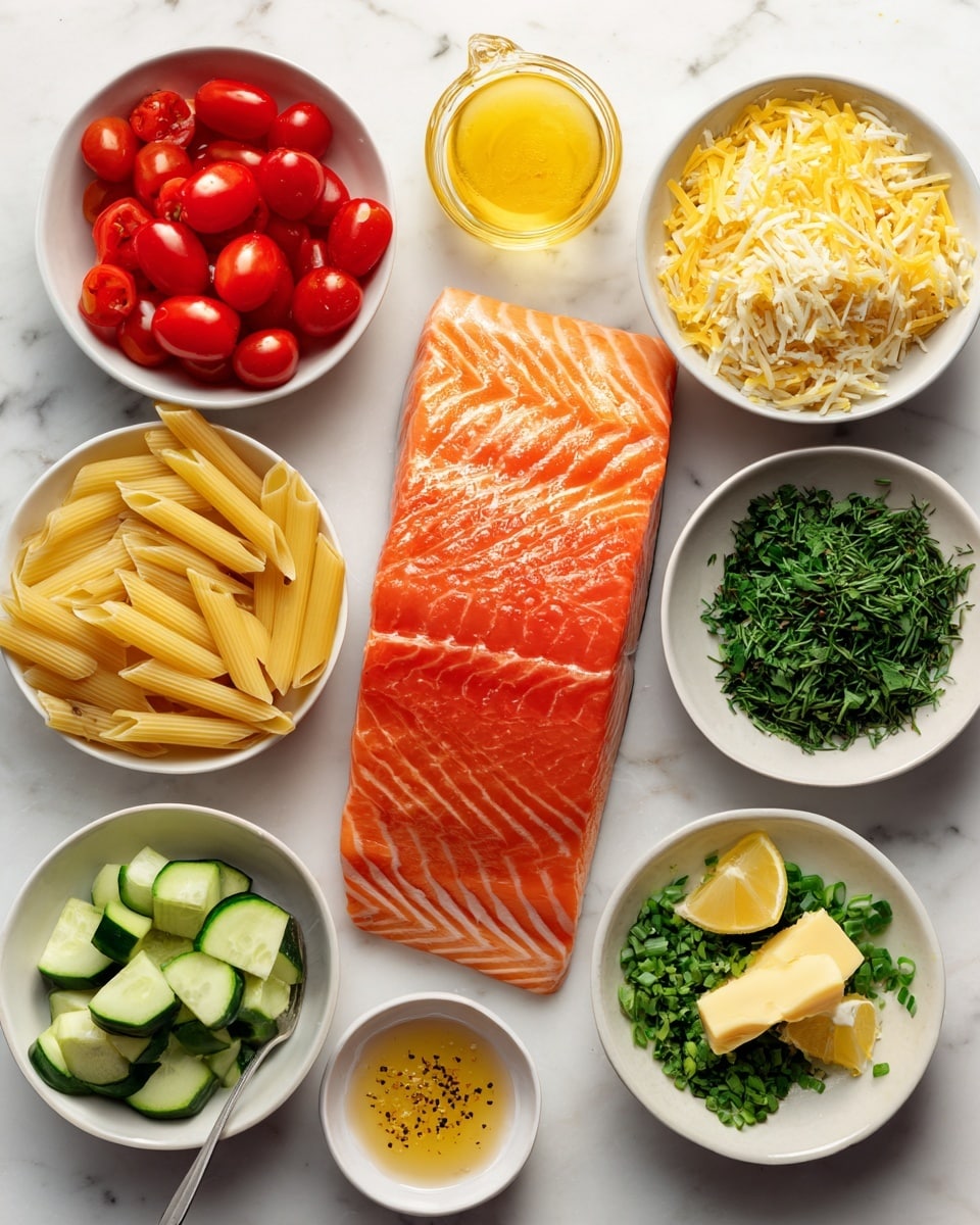 A top view shows an arrangement of ingredients on a white marbled surface. In the center sits a large, fresh, orange salmon fillet with visible white lines. Surrounding it are several white bowls with different foods: bright red cherry tomatoes halved, pale yellow dry penne pasta, chopped green cucumber slices, finely shredded light cheese, and roughly chopped dark green herbs in two bowls. Additional small white bowls hold light yellow lemon, a mustard-colored dollop, a spoon with honey, a small amount of light seasoning, and a clear liquid. The items form a neat circle around the salmon fillet, creating a colorful and fresh ingredient setup for a meal photo taken with an iphone --ar 4:5 --v 7